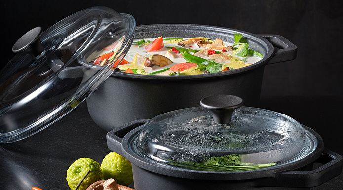 Soup and vegetables in the Cadini cooking pots