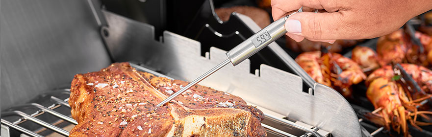 Messen der Temperatur eines Steaks mit dem Gourmet-Thermometer