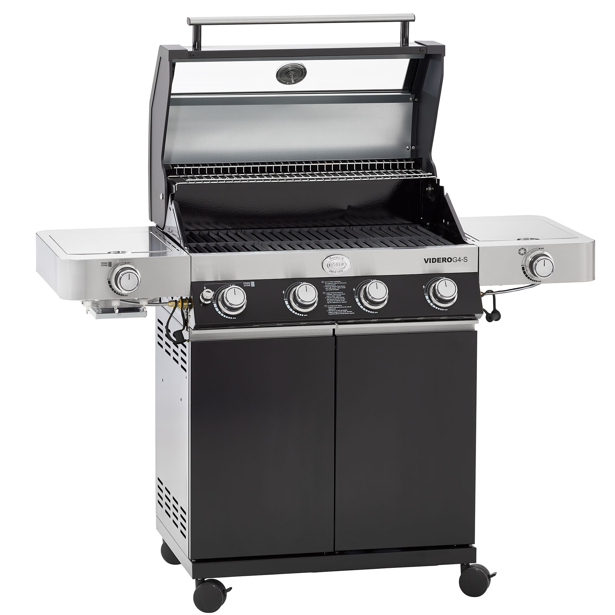 RÖSLE Gasgrill Videro G4-S Schwarz Gasgrill Videro G4-S in Schwarz mit geöffnetem Deckel, vier Brennern und zwei seitlichen Ablageflächen.
