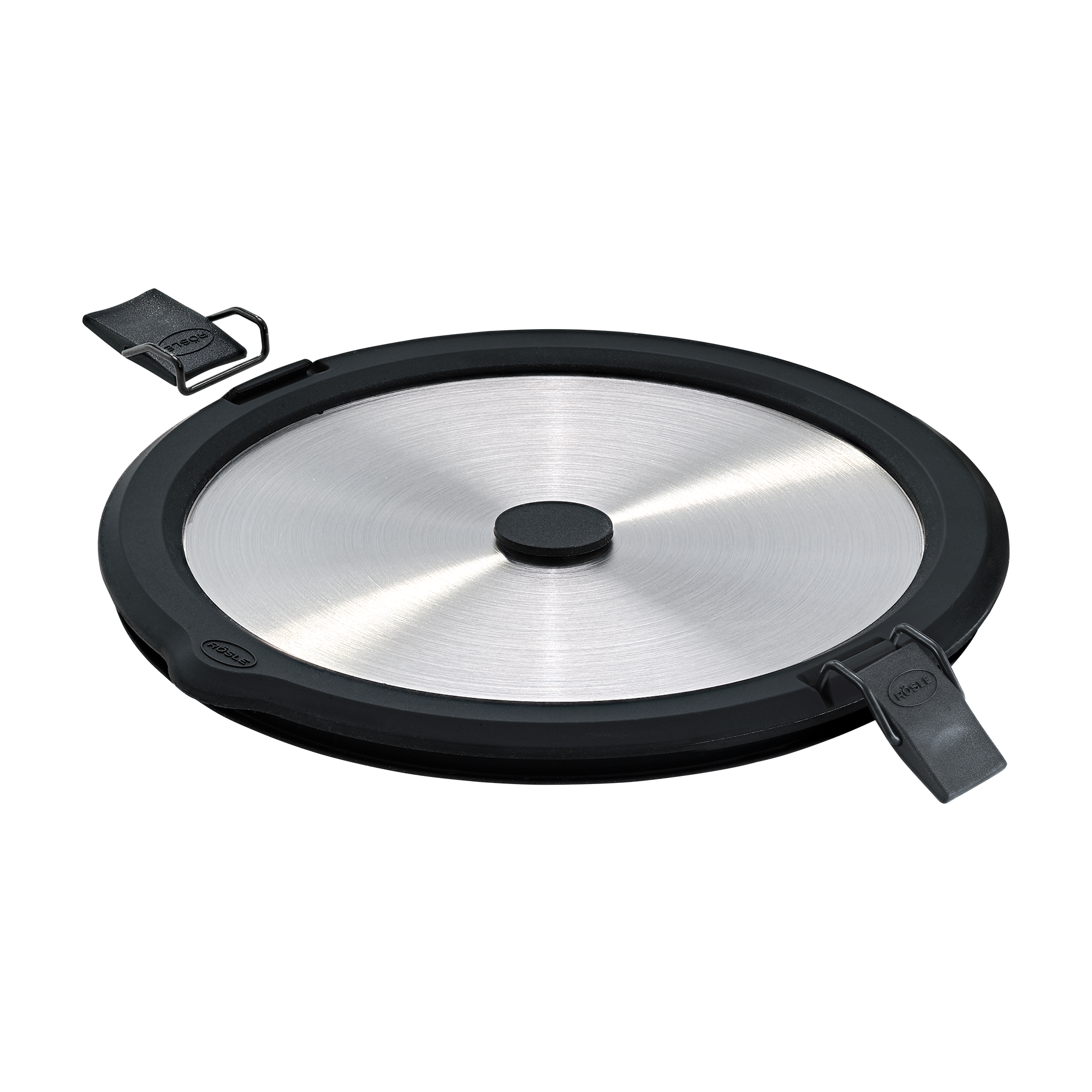 RÖSLE runder Edelstahldeckel Edelstahldeckel, rund, 0,4l, mit schwarzem Kunststoffrand und zentralem Knopf.