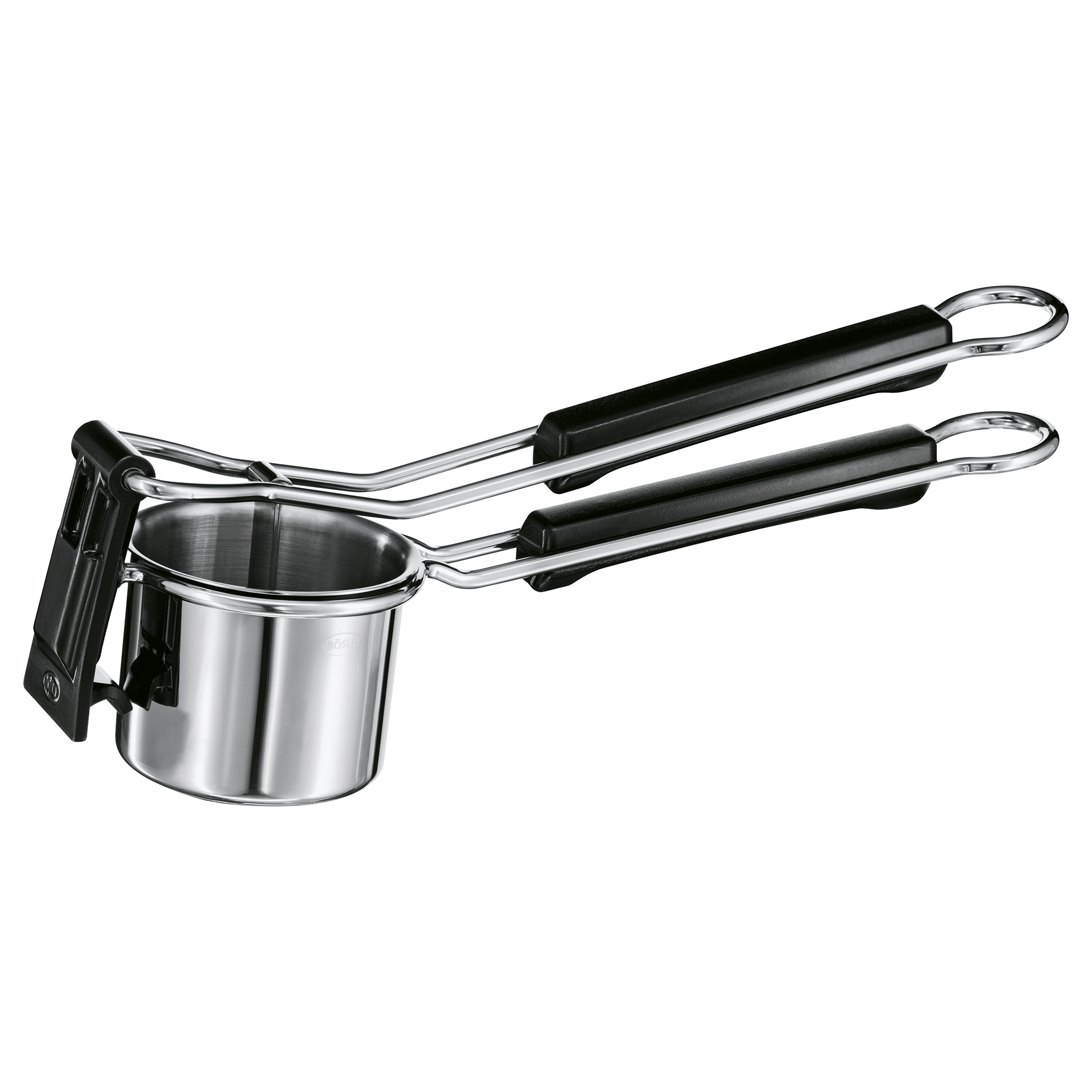 RÖSLE Kartoffelpresse aus Edelstahl Kartoffelpresse aus Edelstahl mit schwarzen Griffen, ideal zum Pürieren von Kartoffeln.