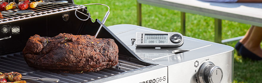 Roast thermometer digital Measuring the temperature with the digital roast thermometer of a roast on the Videro G6-S...