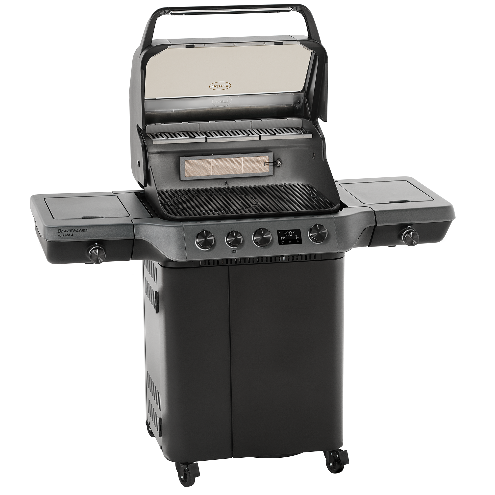 Blazeflame Master Grill, schwarz, mit zwei Seitentischen und mehreren Bedienelementen.