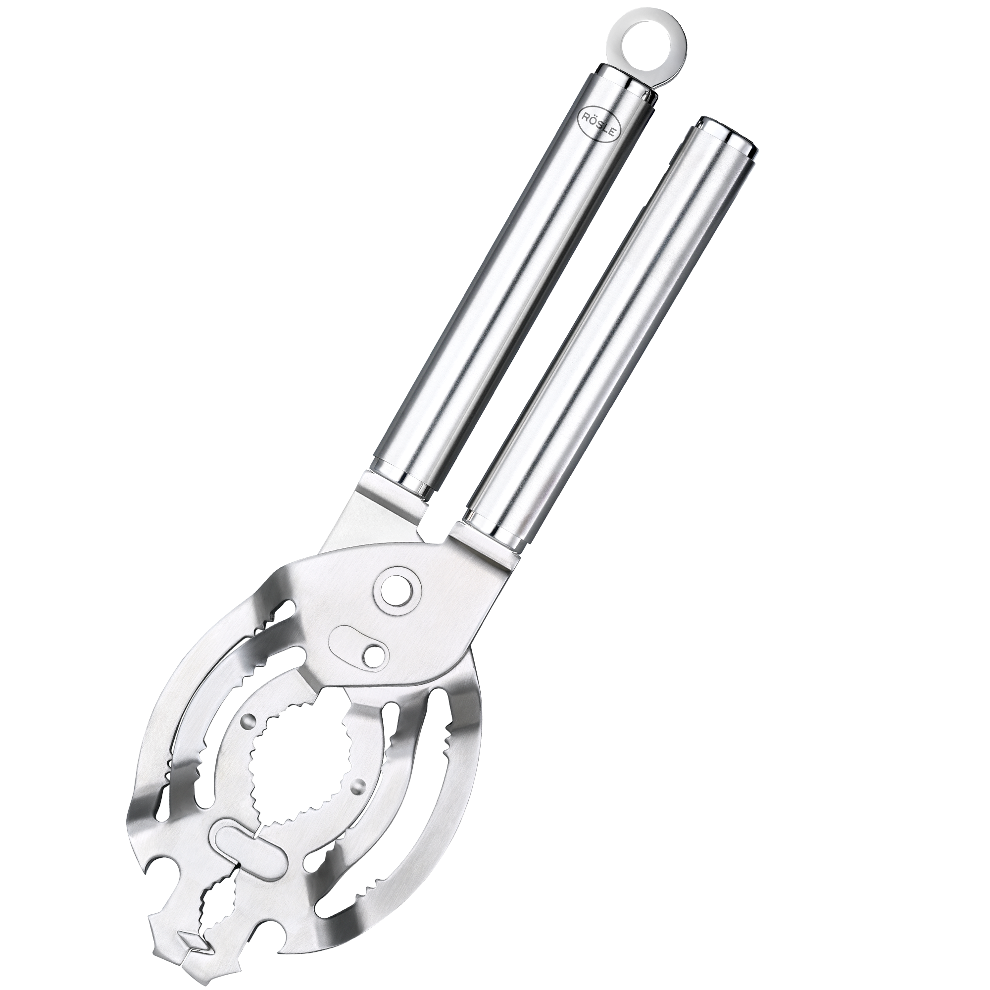RÖSLE Edelstahl Deckelöffner Deckelöffner aus Edelstahl, mit verschiedenen Öffnungen zum Greifen und Halten von Deckeln.