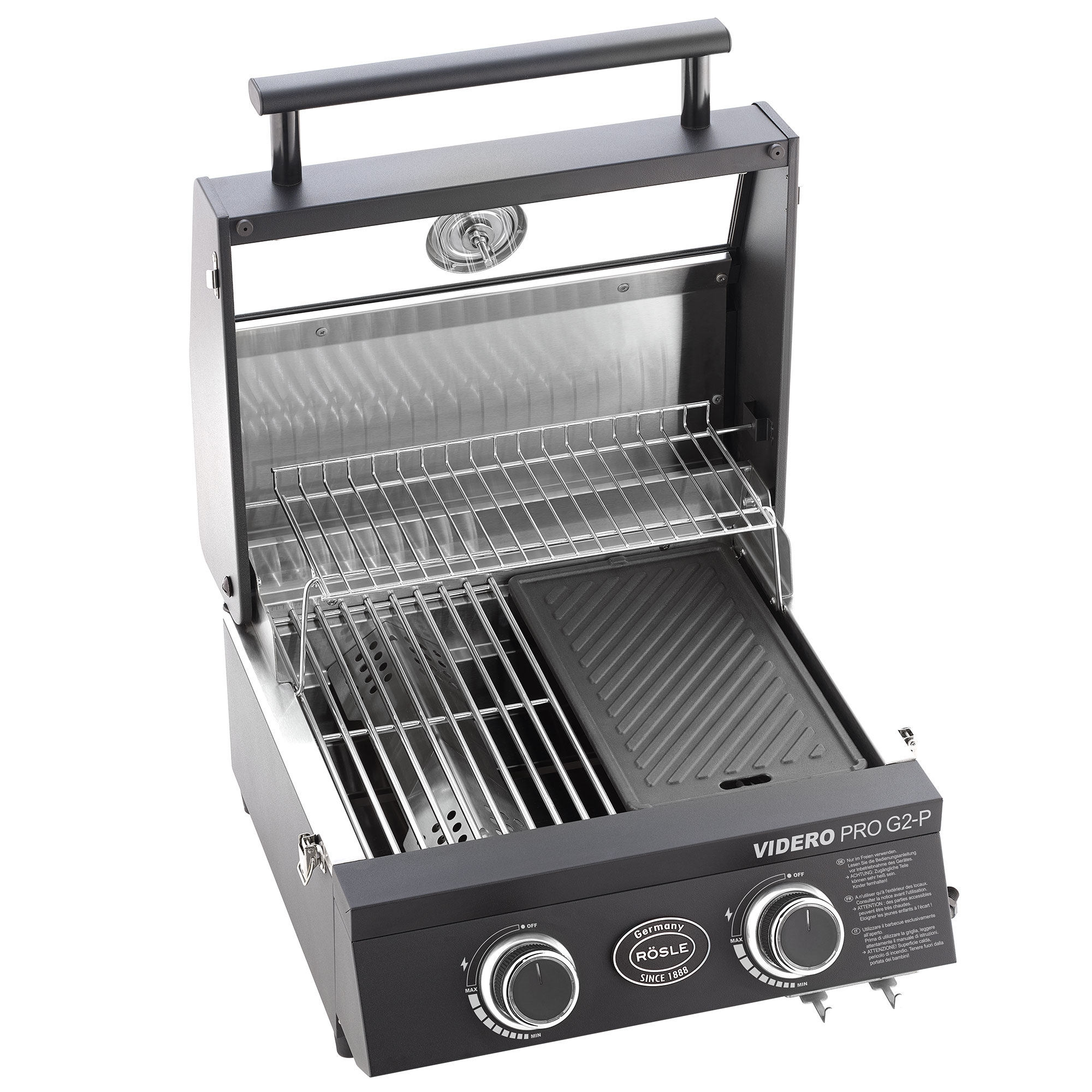 RÖSLE Videro PRO G2-P Gasgrill Videro PRO G2-P Gasgrill, tragbar, mit Edelstahl-Gehäuse und Grillrost, inklusive Grillplatte.