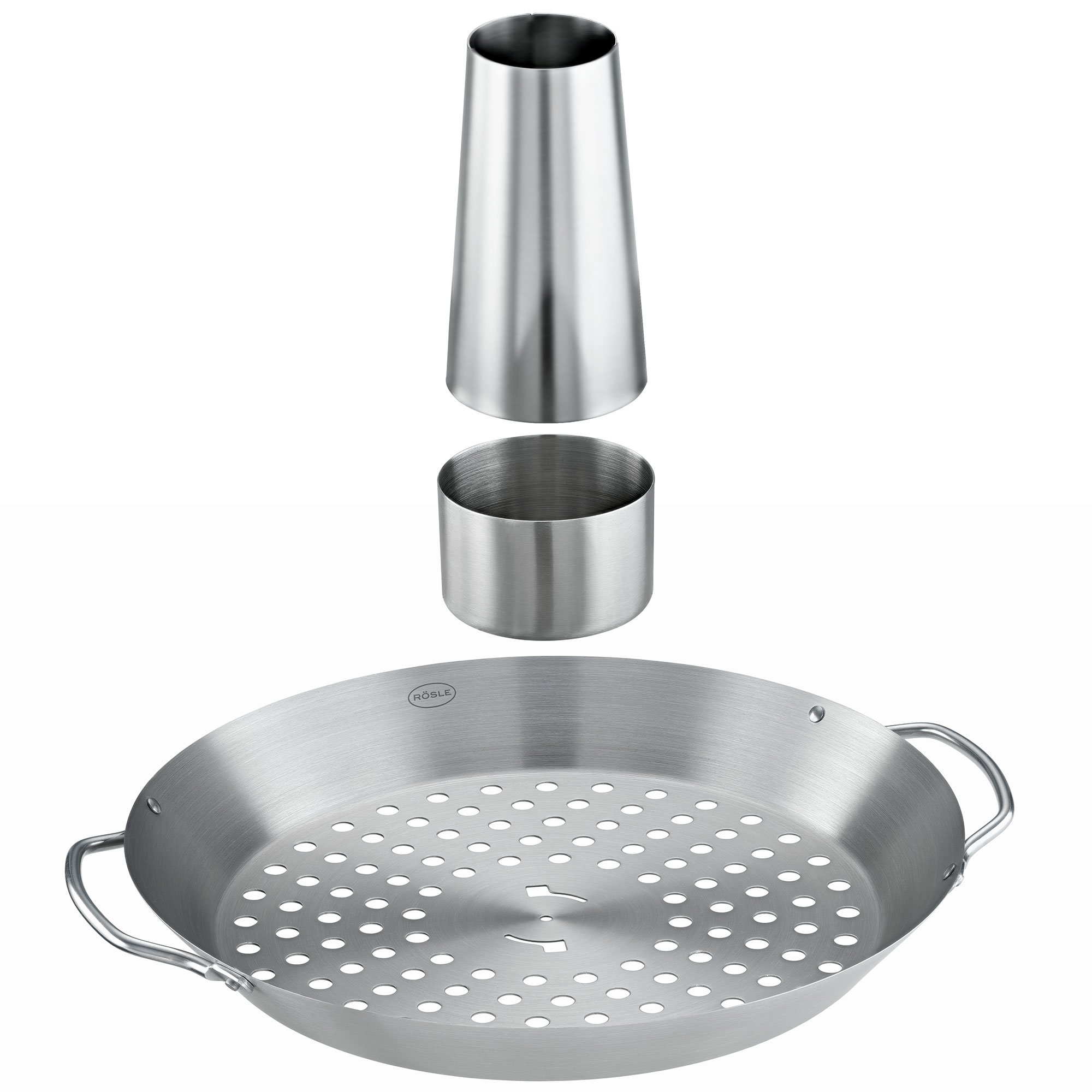 RÖSLE Hähnchengriller Hähnchengriller aus Edelstahl, bestehend aus einer perforierten Grillplatte und zwei Einsätzen.