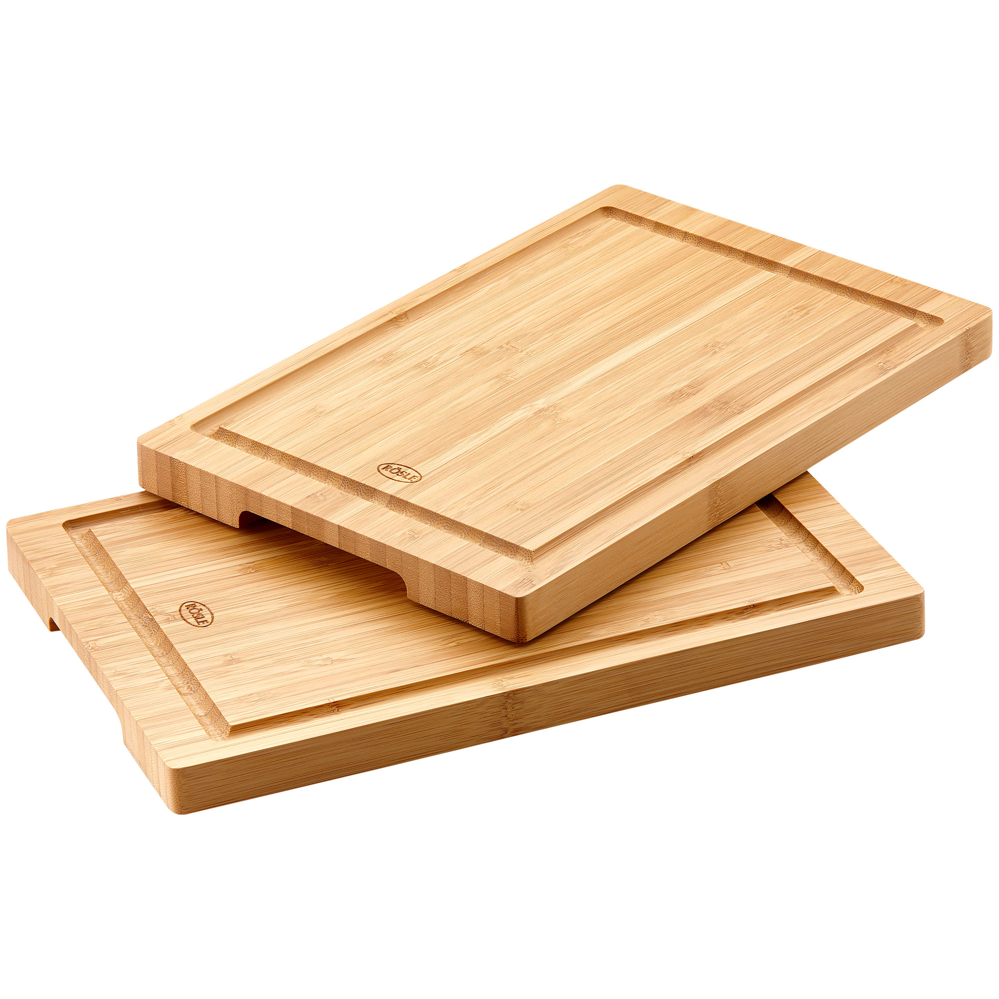 RÖSLE Bambus Schneidebrett Set Schneidebrett aus Bambus, rechteckig, mit Rillen für Saftauffang, zwei Stück.