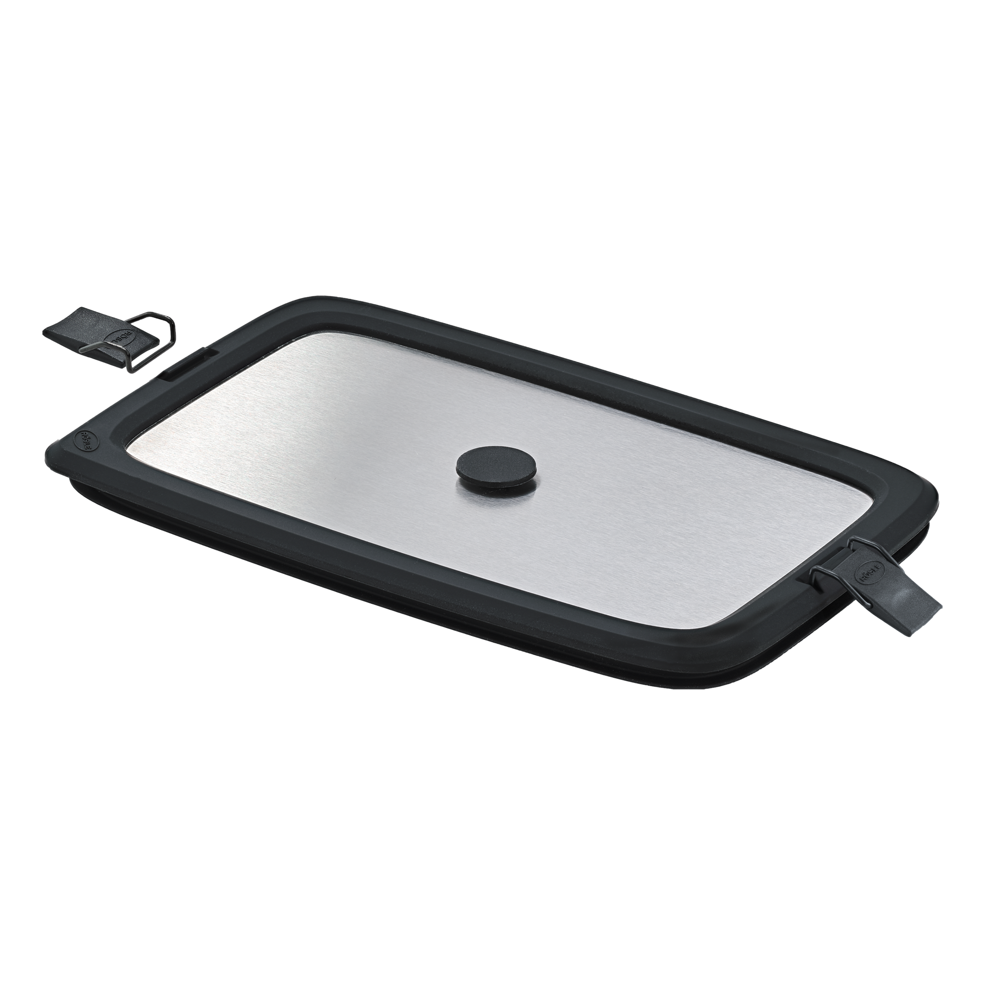 Edelstahldeckel von RÖSLE Edelstahldeckel für eckige Behälter, 1 Liter, mit Silikonrand und Griffen.