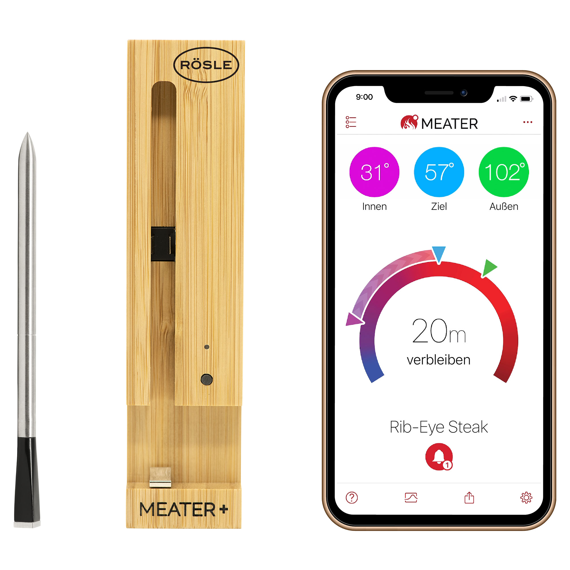 RÖSLE MEATER+ Grillthermometer MEATER+ Grillthermometer aus Edelstahl mit Holzständer und Smartphone-App zur Temperaturüberwachung.