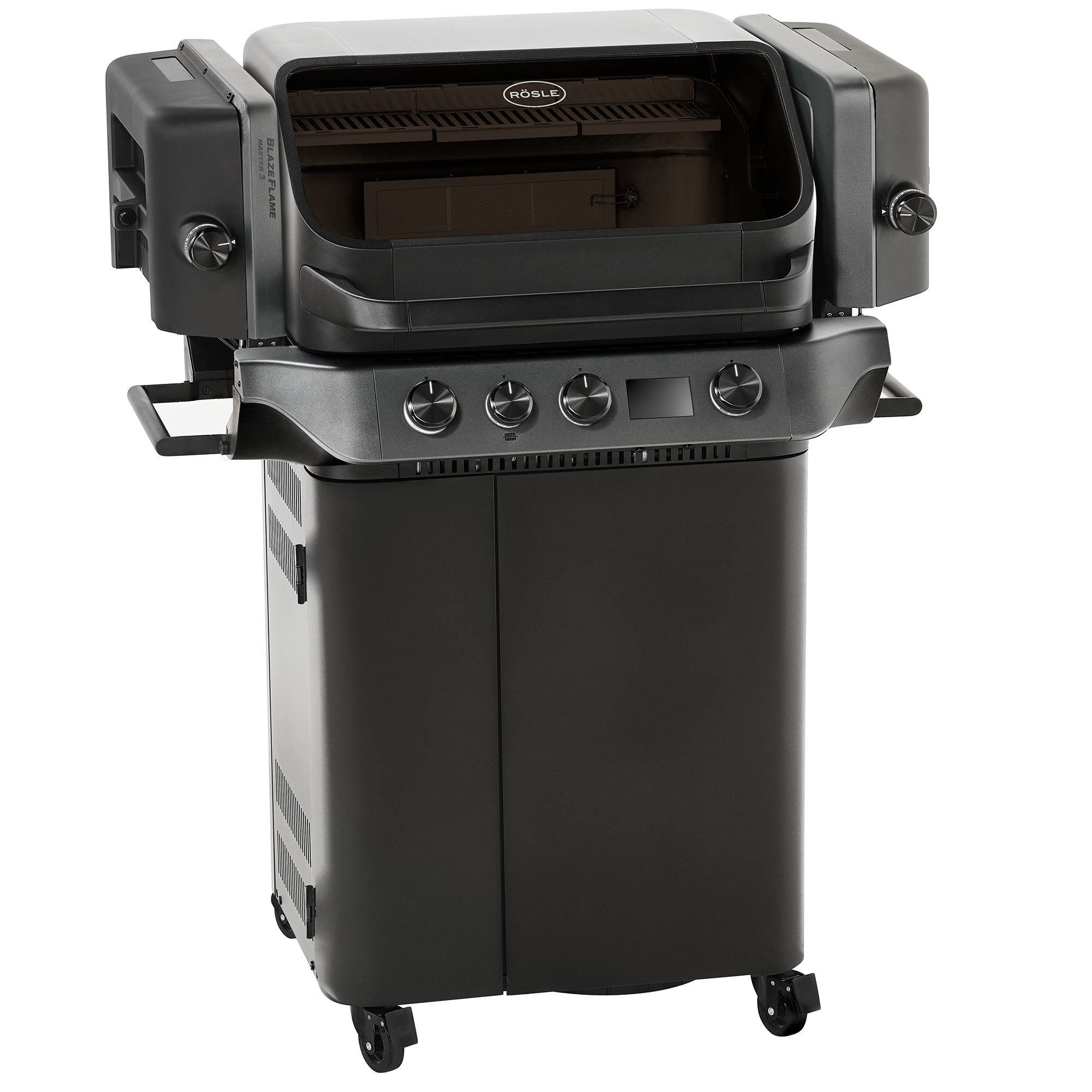 Blazeflame Master 3 Gasgrill in Schwarz mit vier Brennern und seitlichen Ablageflächen.