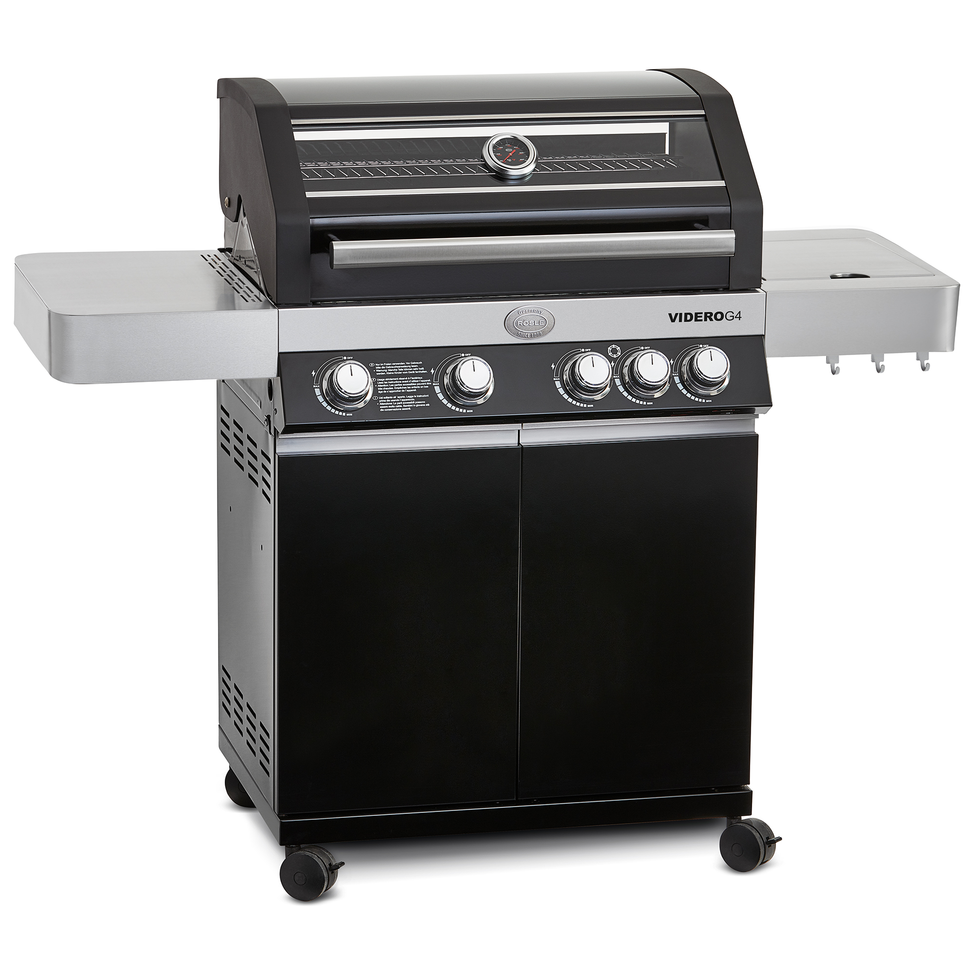 RÖSLE Gasgrill Videro G4 schwarz Gasgrill Videro G4 in Schwarz mit vier Brennern, Grillfläche und seitlichem Ablagetisch.