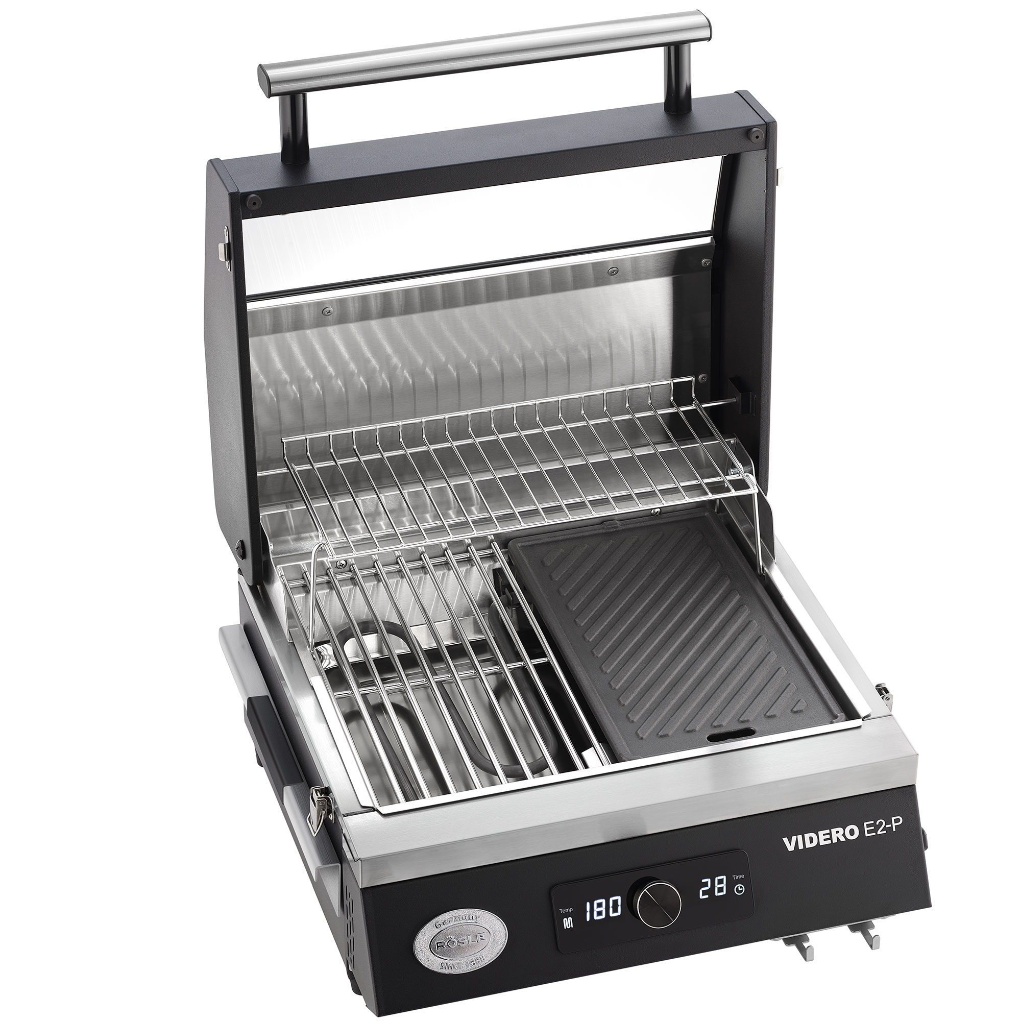 RÖSLE Elektrogrill Videro E2-P Elektrogrill Videro E2-P, schwarz, mit Grillrost und Grillplatte, Edelstahl, digitaler Temperaturregler.