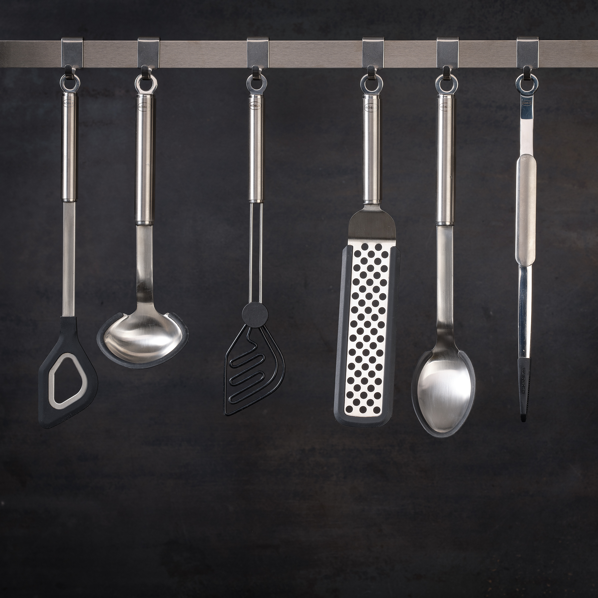 RÖSLE kitchen utensils Stainless steel and silicone kitchen utensils, including ladle, turner, grater and tweezers,...