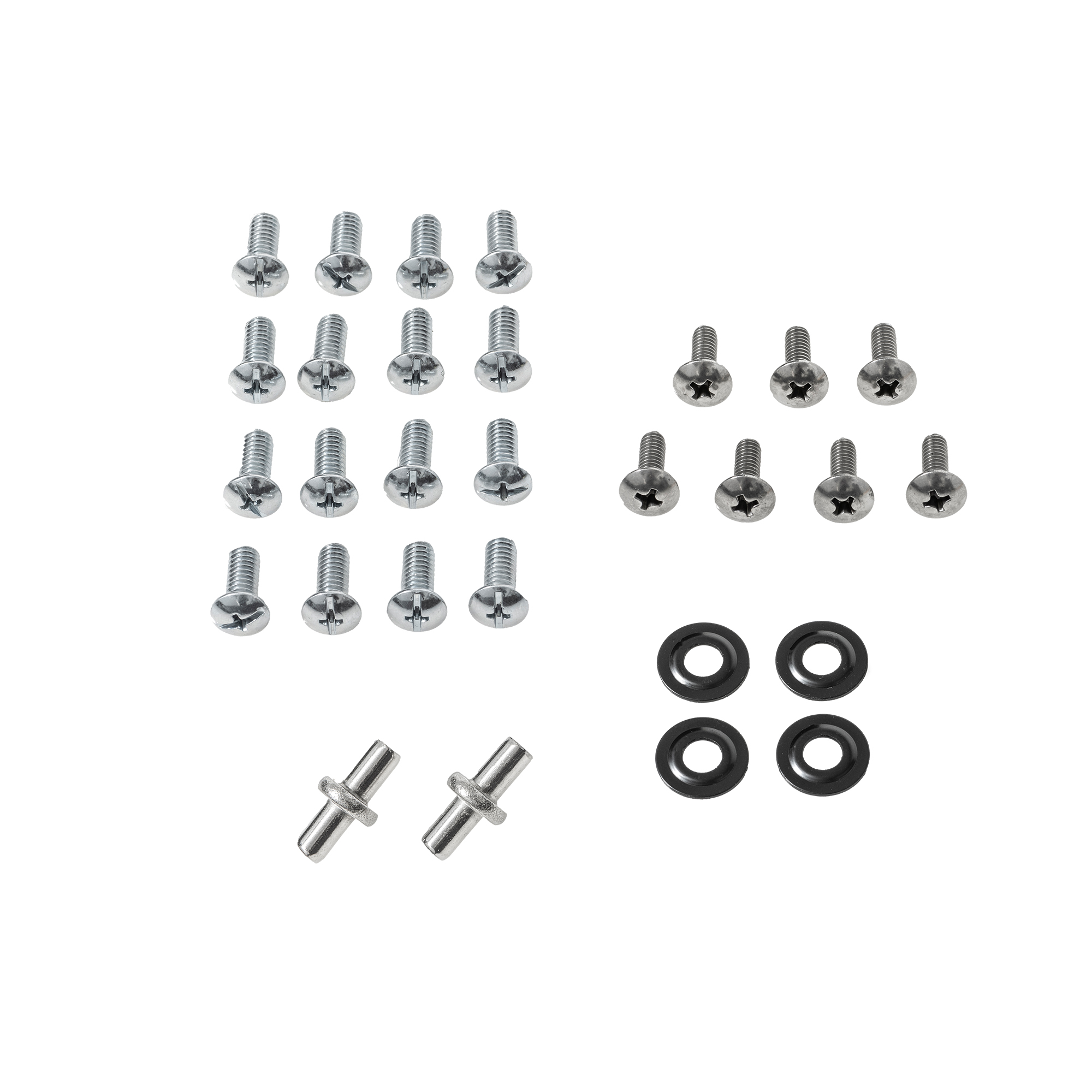 Vollständiger Schraubensatz von RÖSLE Schraubensatz komplett mit verschiedenen Schrauben und Dichtungen in silber und schwarz.