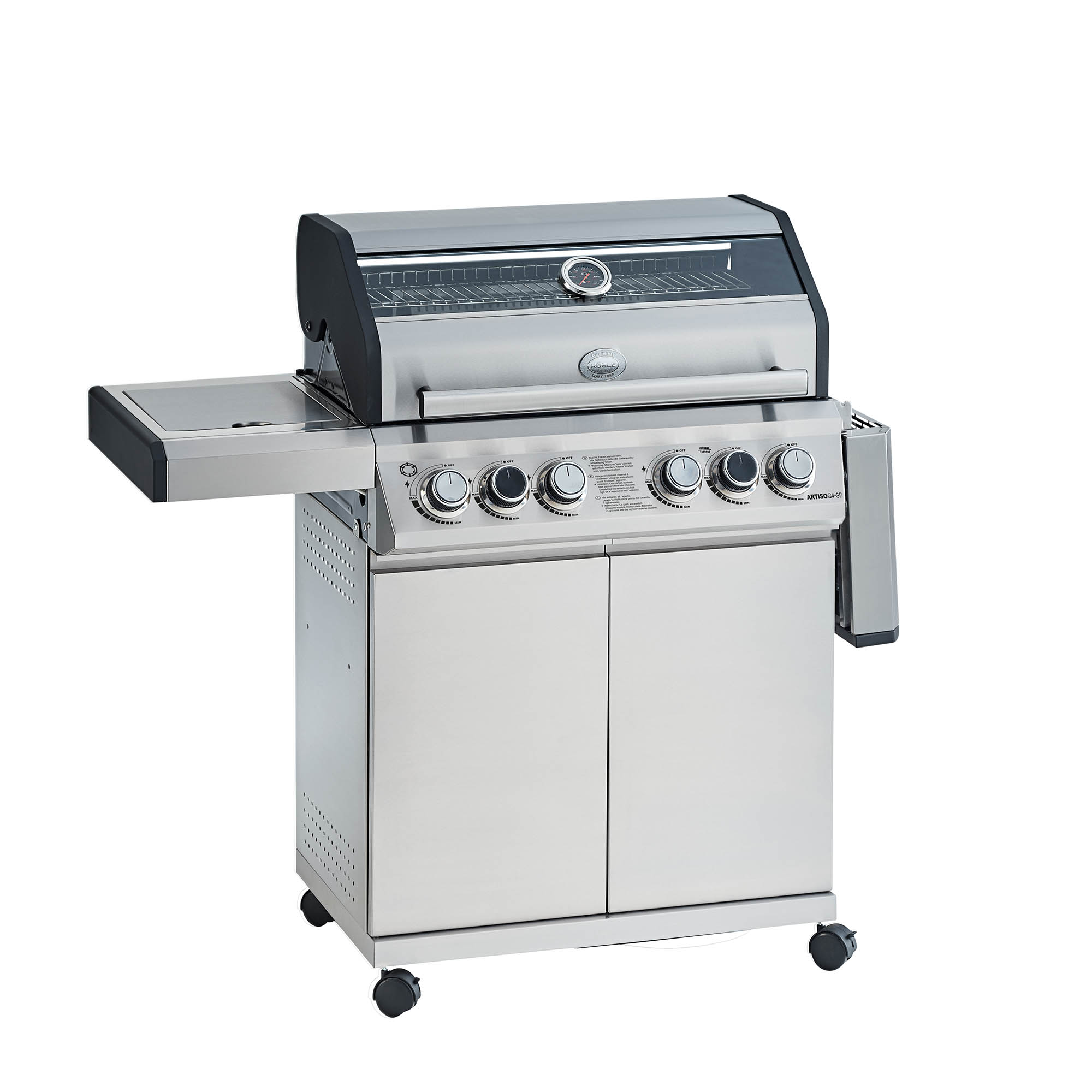 RÖSLE Gasgrill Artiso G4-SB Gasgrill BBQ Station Artiso G4-SB aus Edelstahl mit mehreren Brennern und seitlichem Ablagetisch.