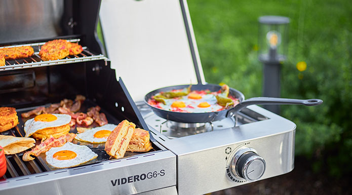 Breakfast ideas prepared on the gas grill and side stove