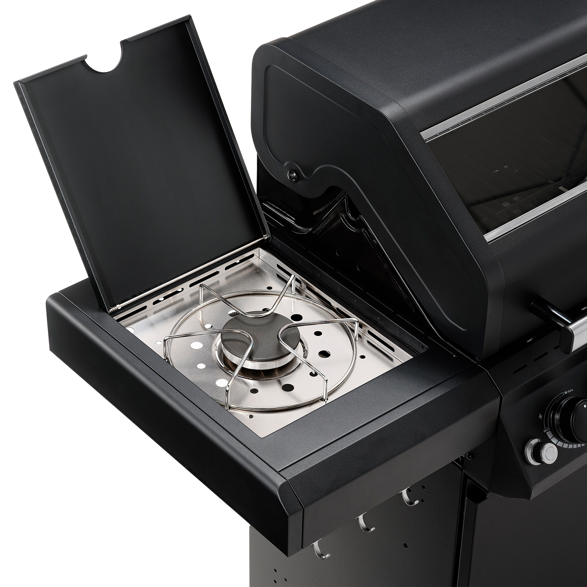 RÖSLE Artiso G4-SB Nero Gasgrill mit Seitenbrenner Artiso G4-SB Nero Gasgrill mit geöffnetem Seitenbrenner und Edelstahlbrenner.