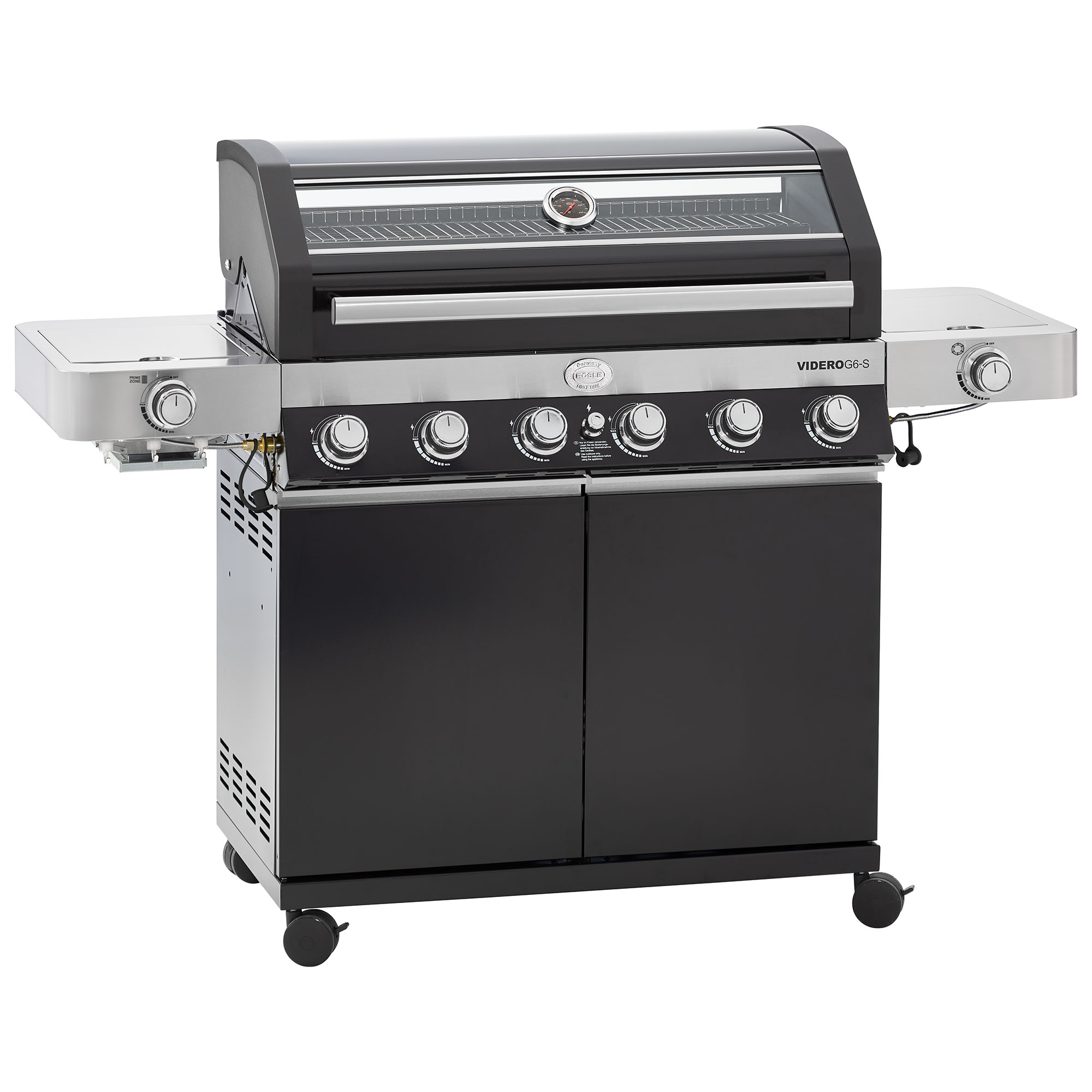 RÖSLE Gasgrill Videro G6-S schwarz Gasgrill Videro G6-S in Schwarz mit Edelstahl-Oberfläche, 6 Brennern und seitlichen Ablageflächen.
