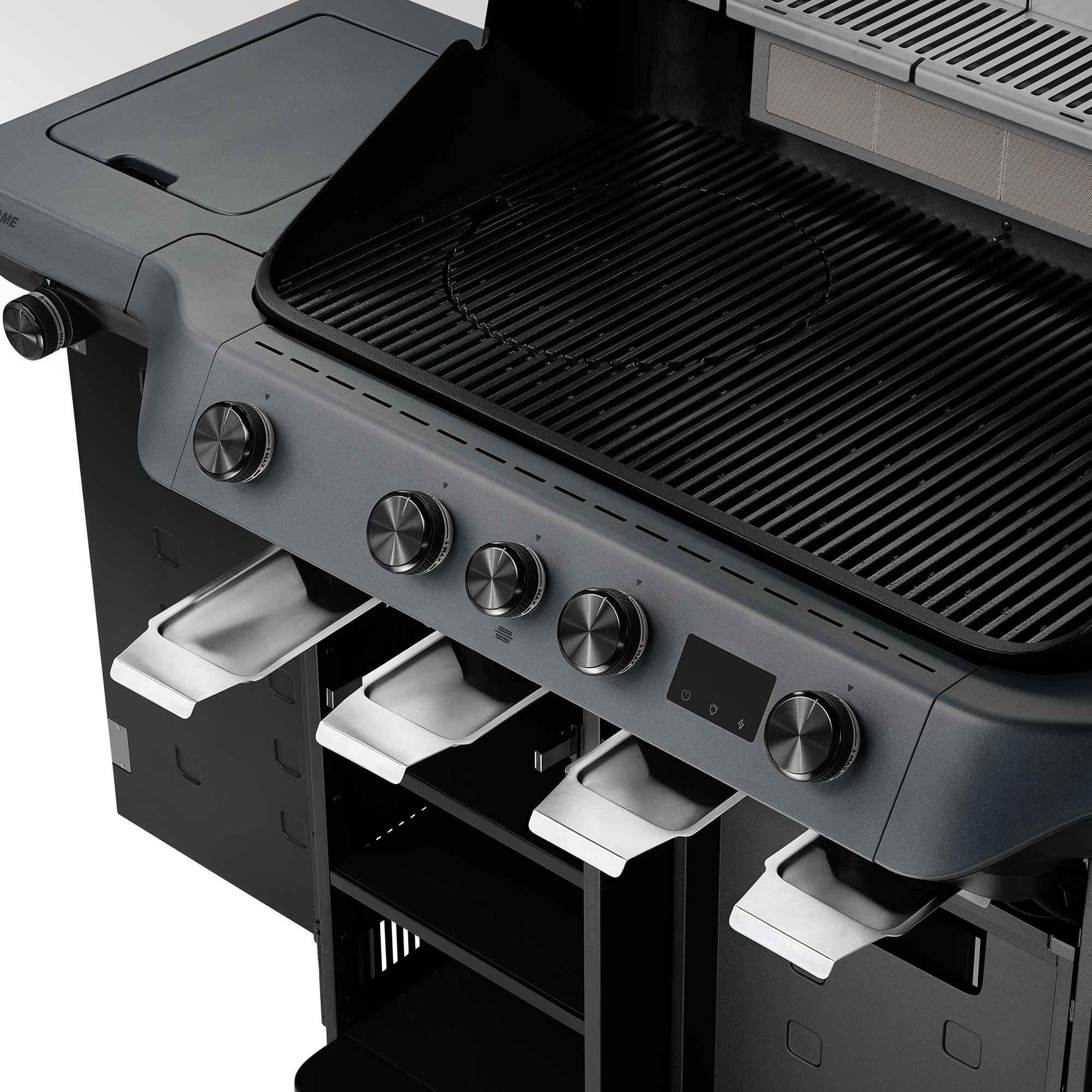Blazeflame Master 4 Grill mit Grillfläche, Bedienelementen und Ablagefächern.