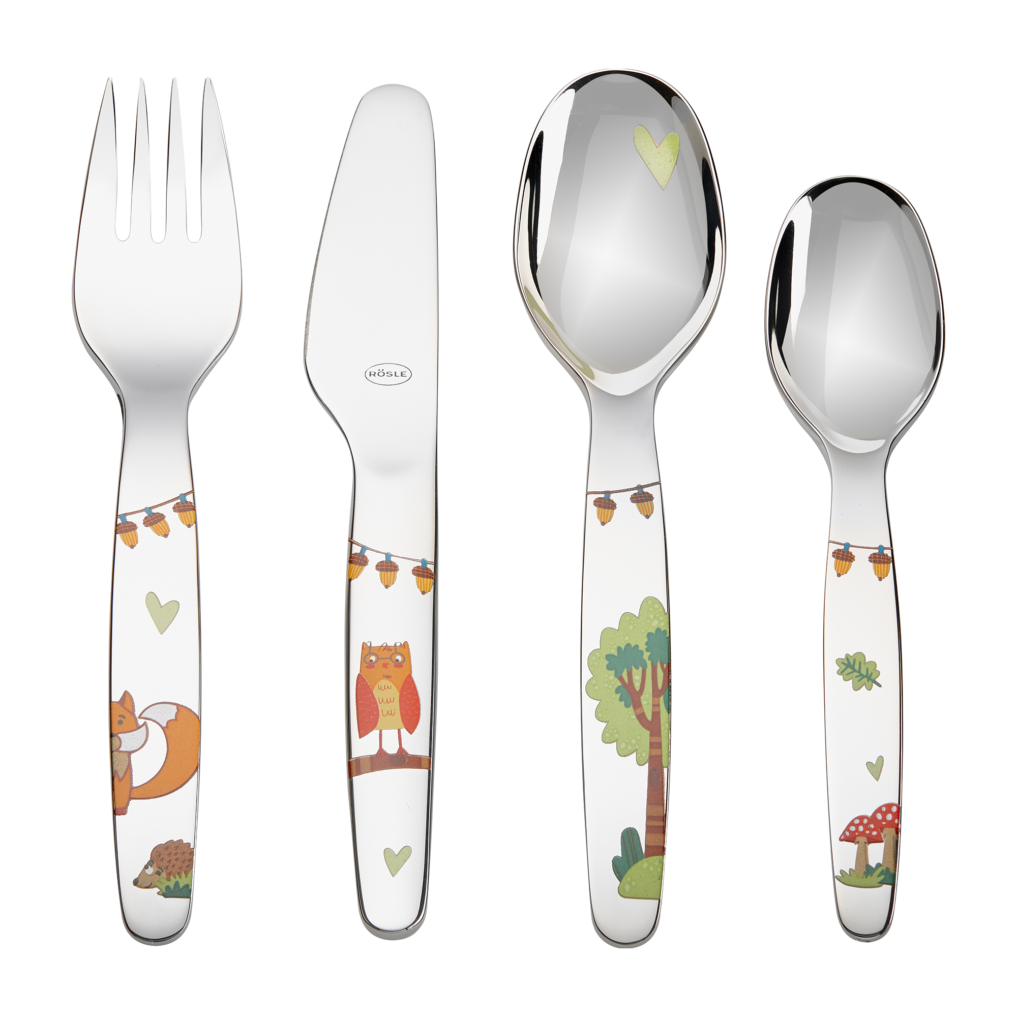 RÖSLE Kinderbesteck Waldfreunde Kinderbesteck 'Waldfreunde' aus Edelstahl, mit bunten Tiermotiven und Naturdesign auf den...
