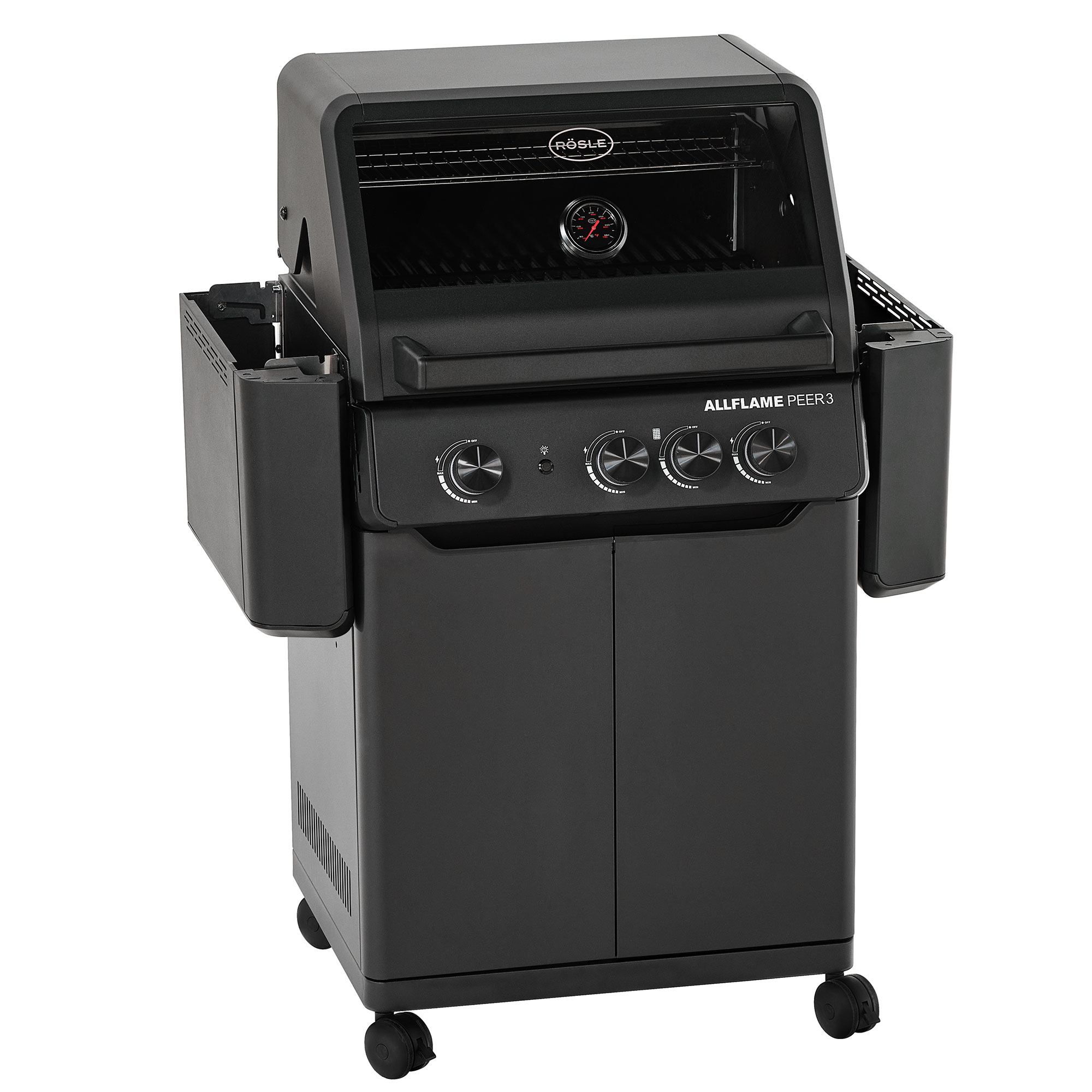 RÖSLE Allflame Peer3 gas barbecue Allflame Peer3 gas barbecue in black with four controls and integrated thermometer.