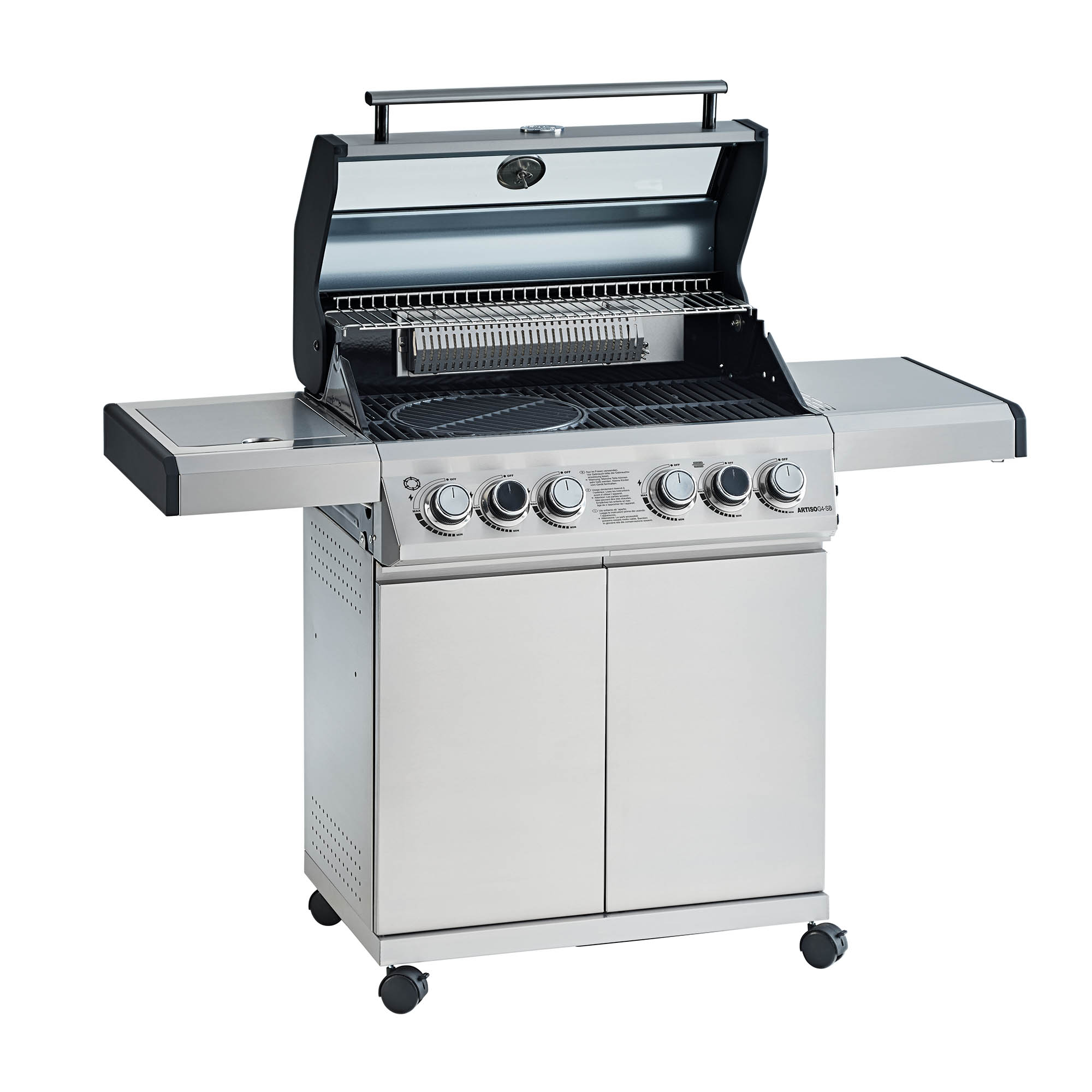 RÖSLE Gasgrill Artiso G4-SB Gasgrill BBQ Station Artiso G4-SB aus Edelstahl mit vier Brennern und seitlichen Ablageflächen.
