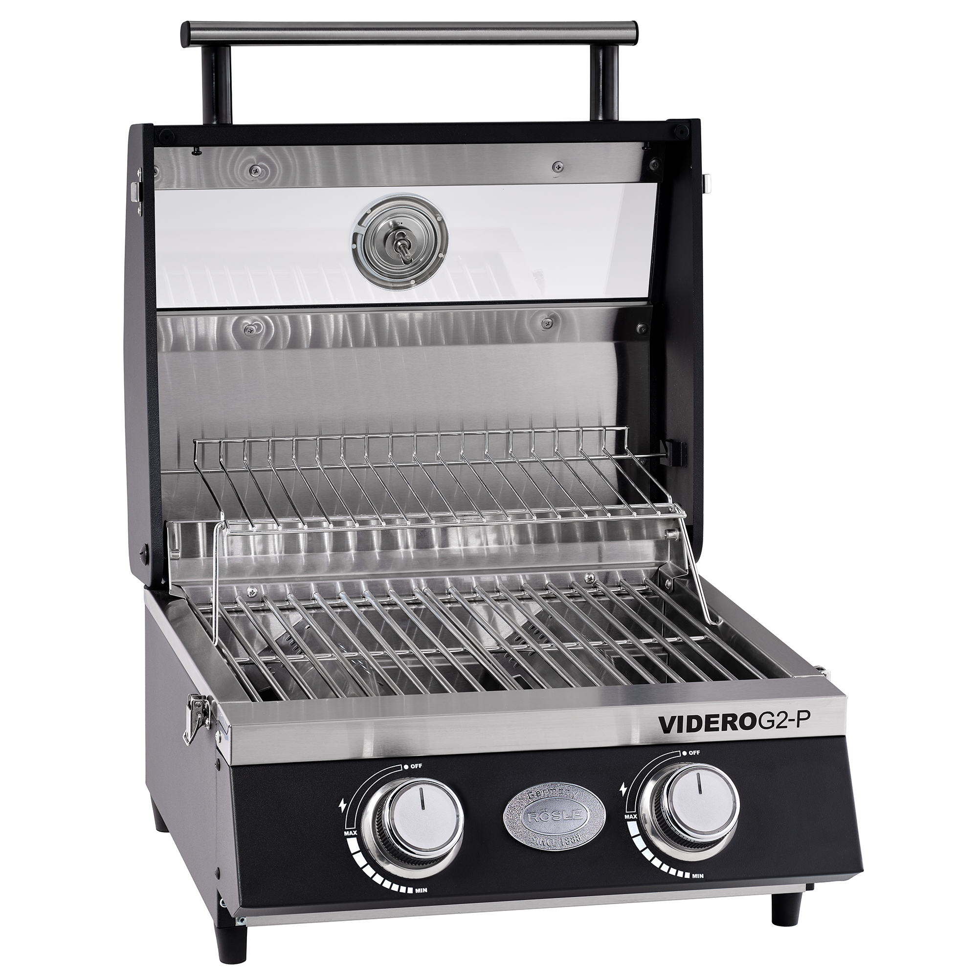 Gasgrill Videro G2-P, tragbar, mit zwei Reglern und Edelstahlrost.