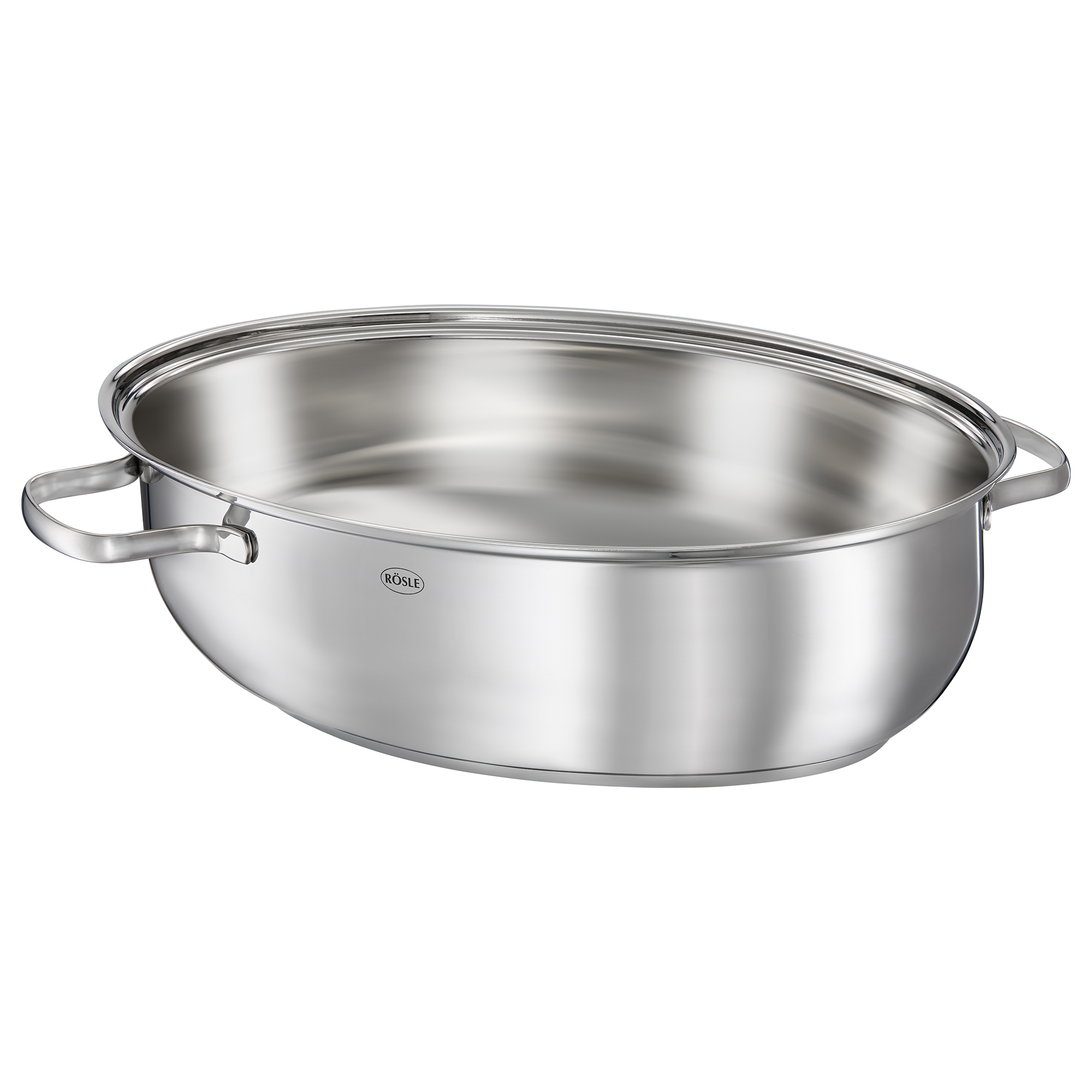 RÖSLE Elegance Bräter mit Glasdeckel Elegance Bräter aus Edelstahl mit Glasdeckel, ovaler Form, glänzende Oberfläche, zwei Griffe.