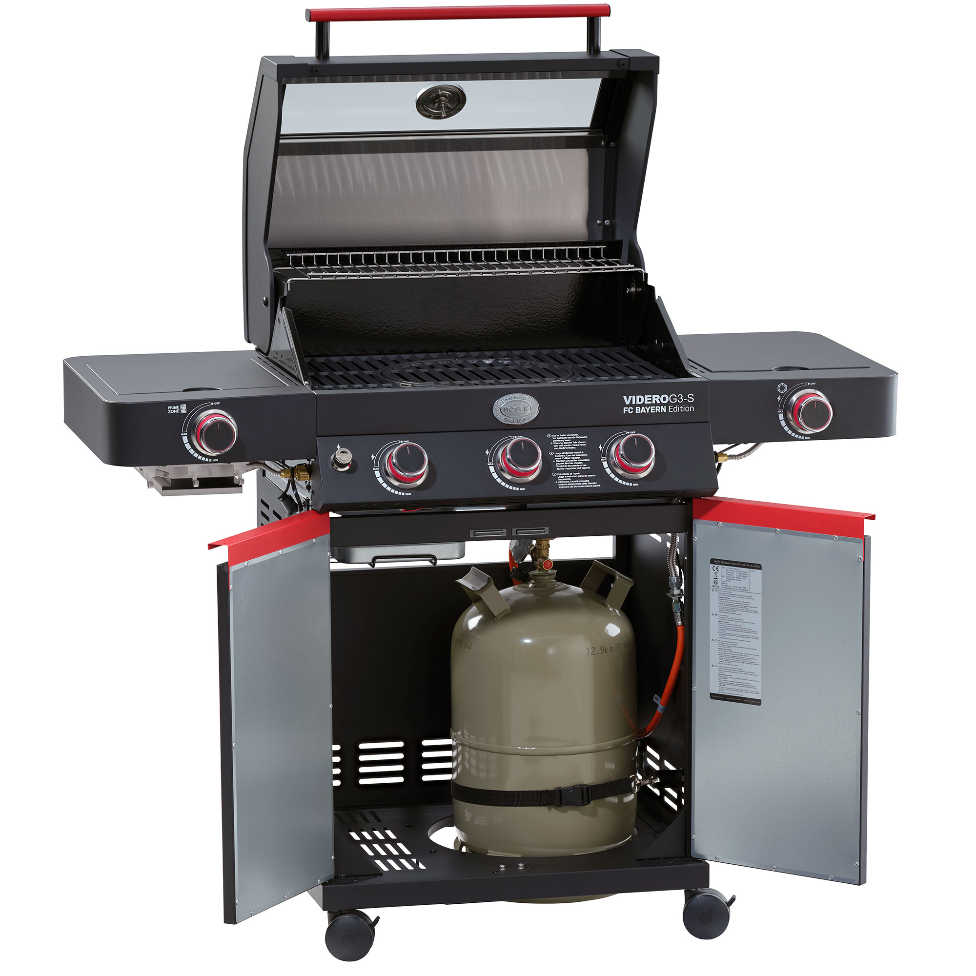 Gasgrill Videro G3-S in FC Bayern Edition, mit geöffnetem Deckel, drei Brennern und Gasflasche...