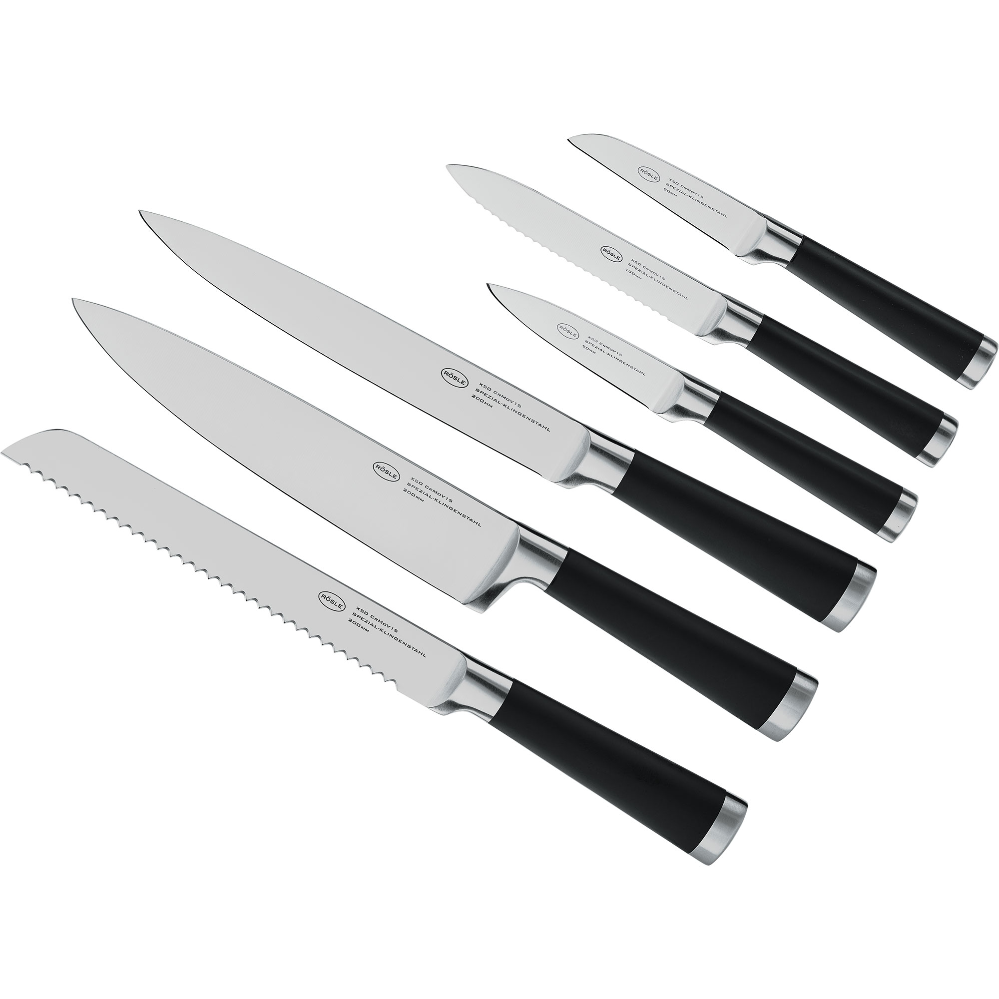 Messerblock mit sieben Teilen, bestehend aus verschiedenen Klingenformen, Edelstahl und schwarze Griffe.