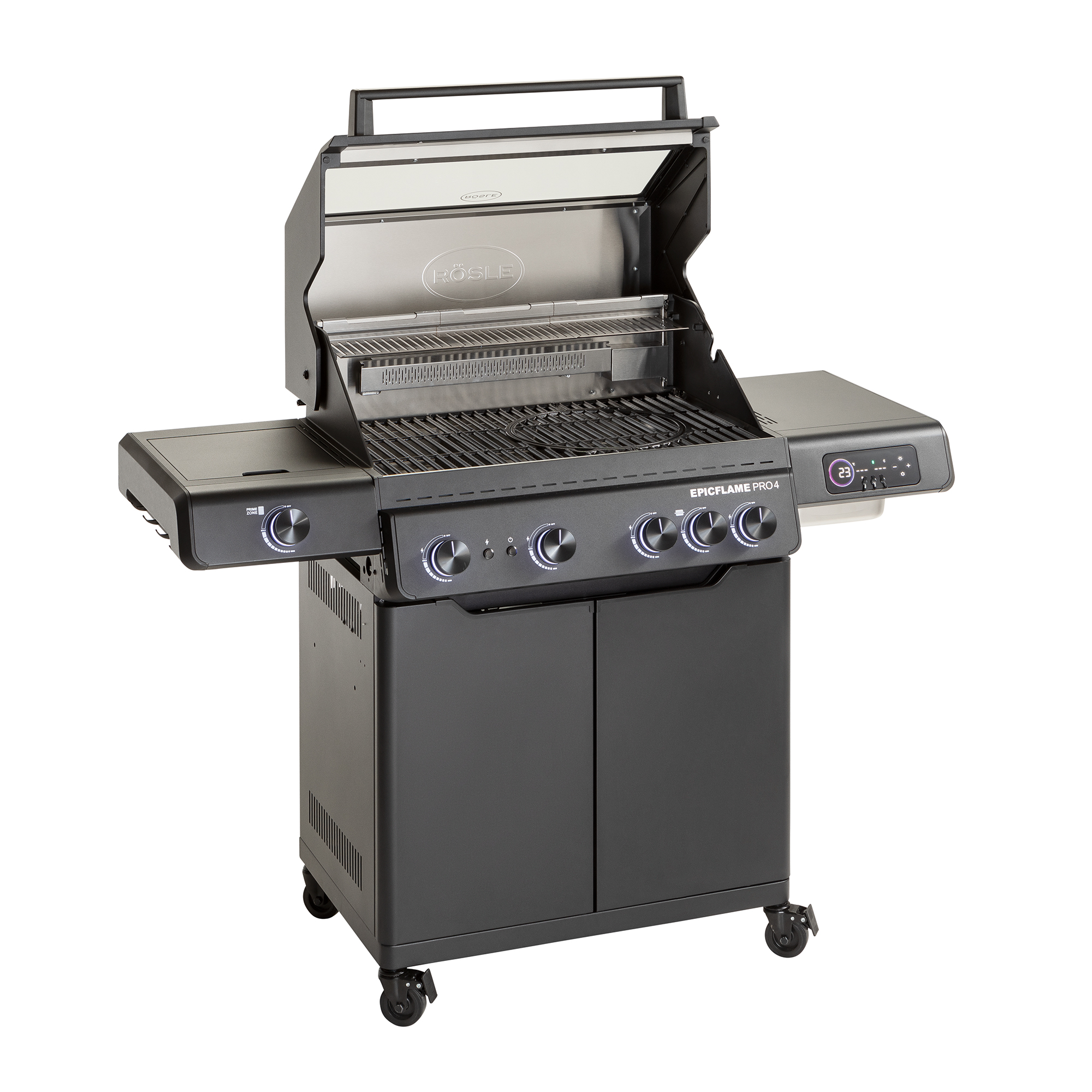 RÖSLE EPICFLAME PRO 4 EPICFLAME PRO 4 Gasgrill in Schwarz mit zwei Seitentischen und Bedienelementen, Deckel offen