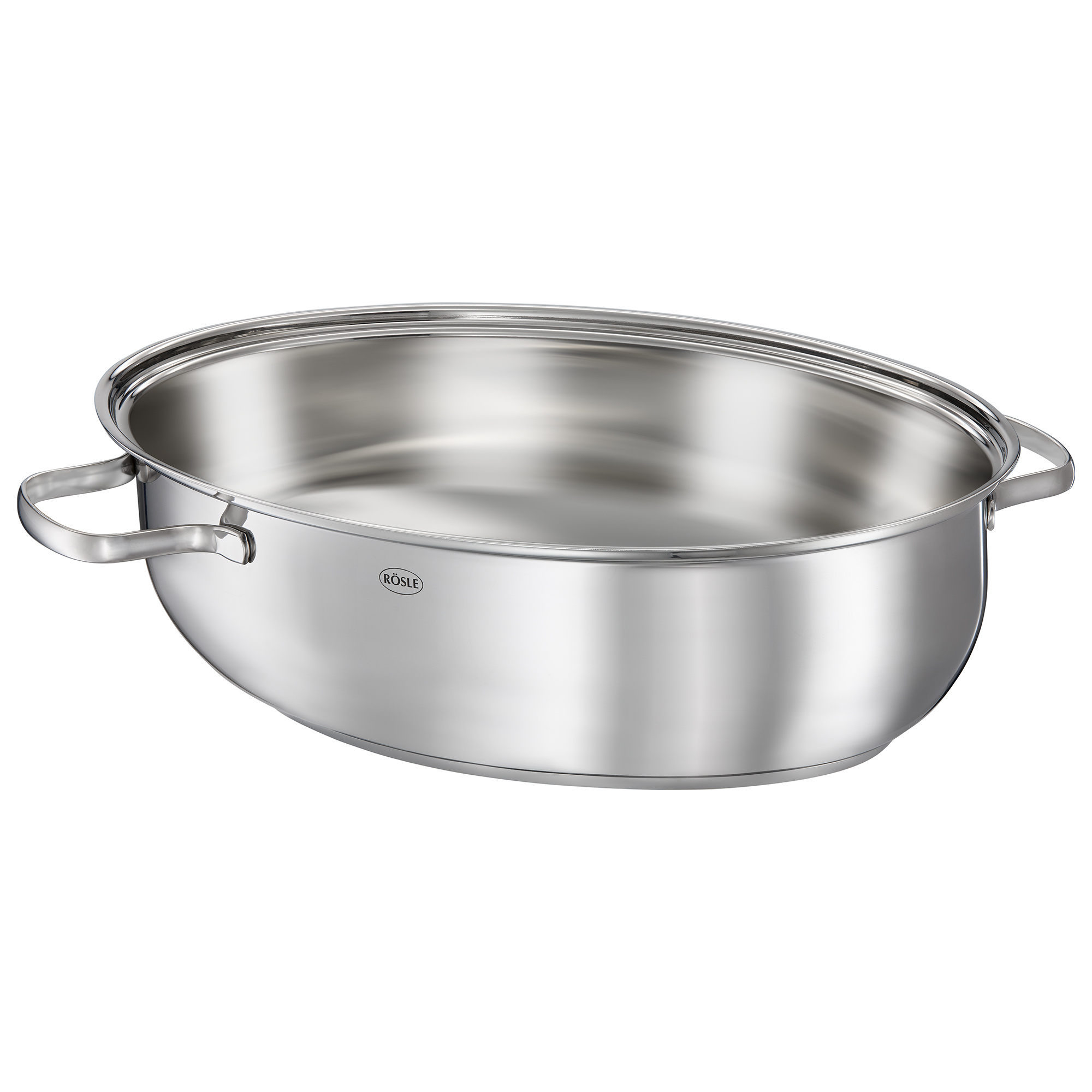 Ovaler Bräter von RÖSLE aus Edelstahl ovaler Bräter aus Edelstahl, glänzende Oberfläche, zwei seitliche Griffe