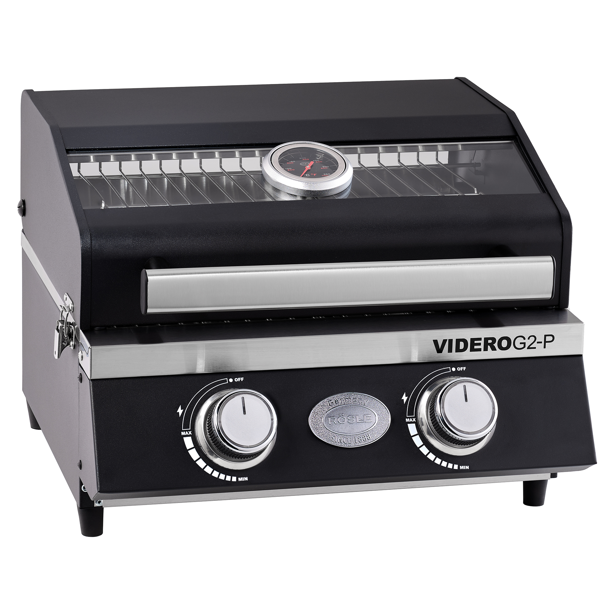 RÖSLE Gasgrill Videro G2-P Gasgrill Videro G2-P, tragbar, schwarz, mit Edelstahloberfläche und zwei Reglern.