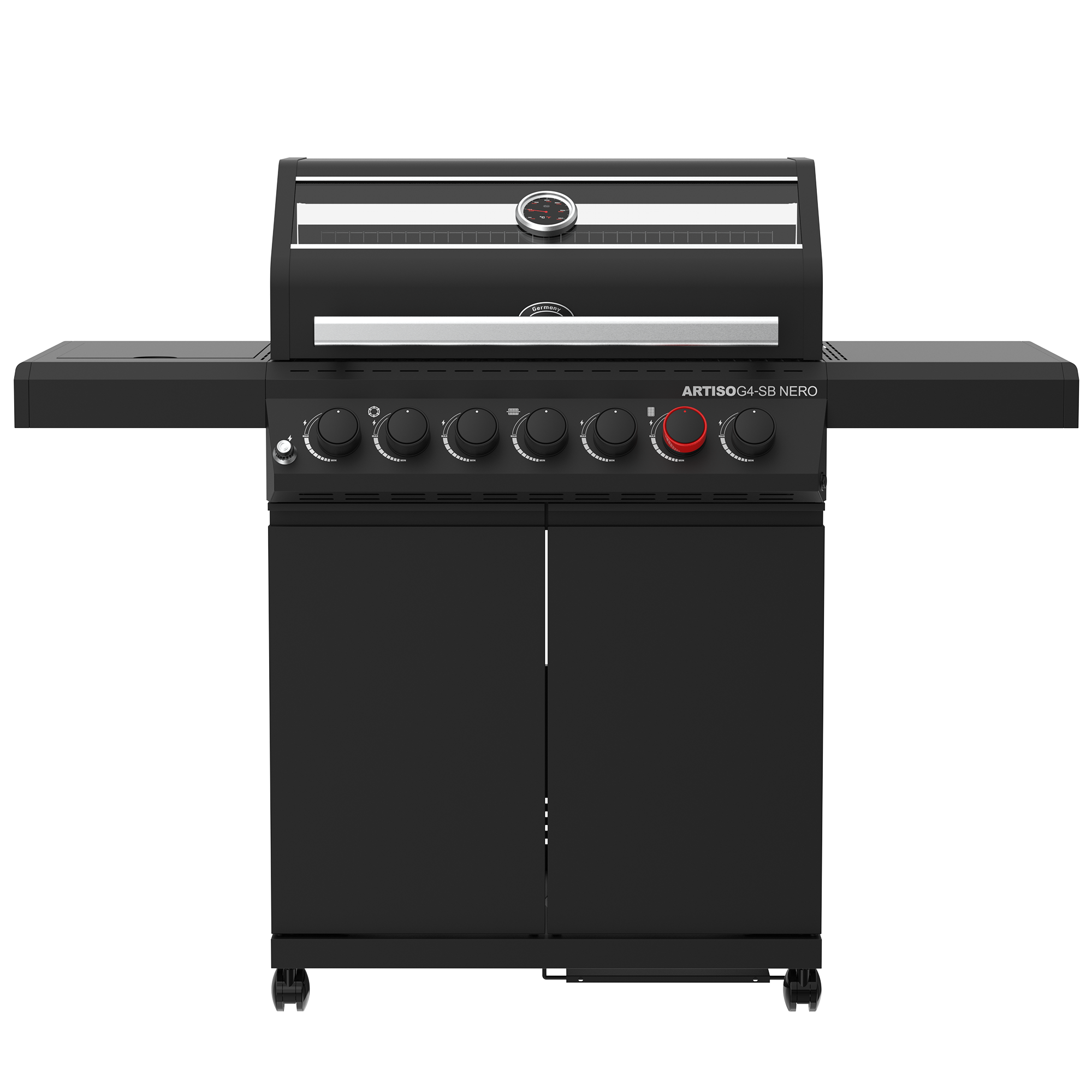 RÖSLE Artiso G4-SB Nero Gasgrill Artiso G4-SB Nero Gasgrill, schwarz, mit sechs Reglern und zwei Seitenablagen.