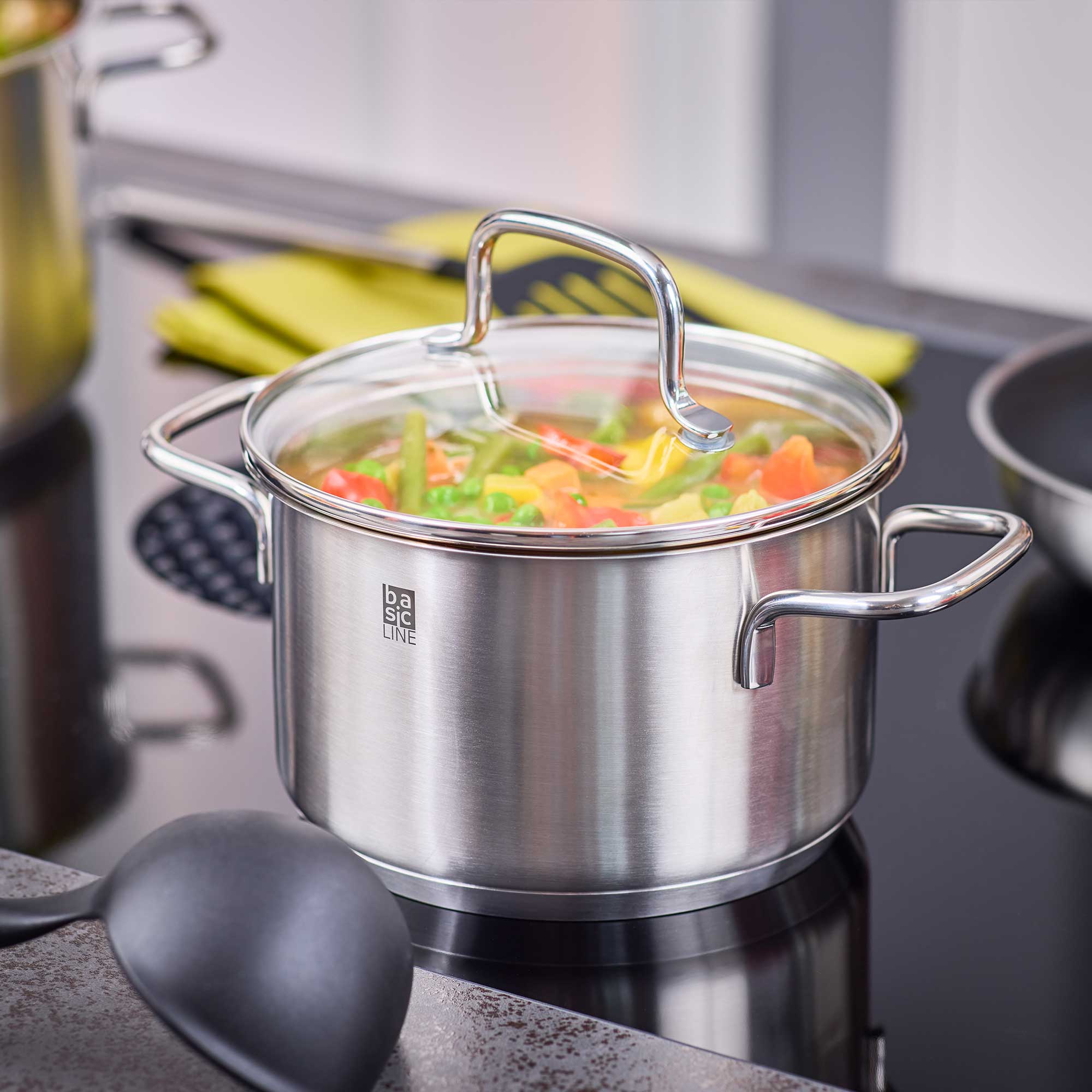 RÖSLE Edelstahl Topf Set Basic Line Topf Set Basic Line, 4-teilig, aus Edelstahl, mit transparentem Deckel und Gemüse darin.