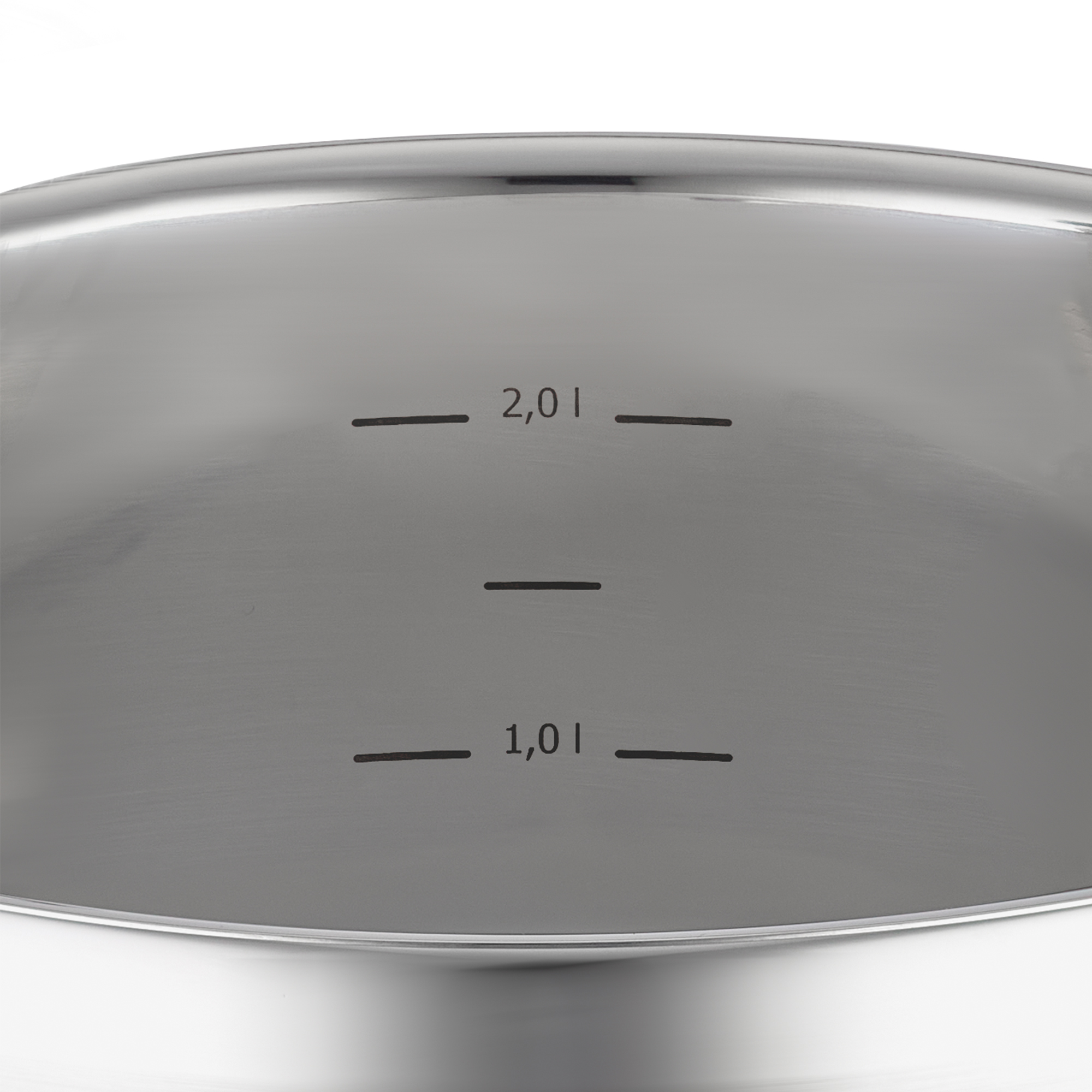 Stainless steel roasting pan with inner markings for 1.0 and 2.0 litres.