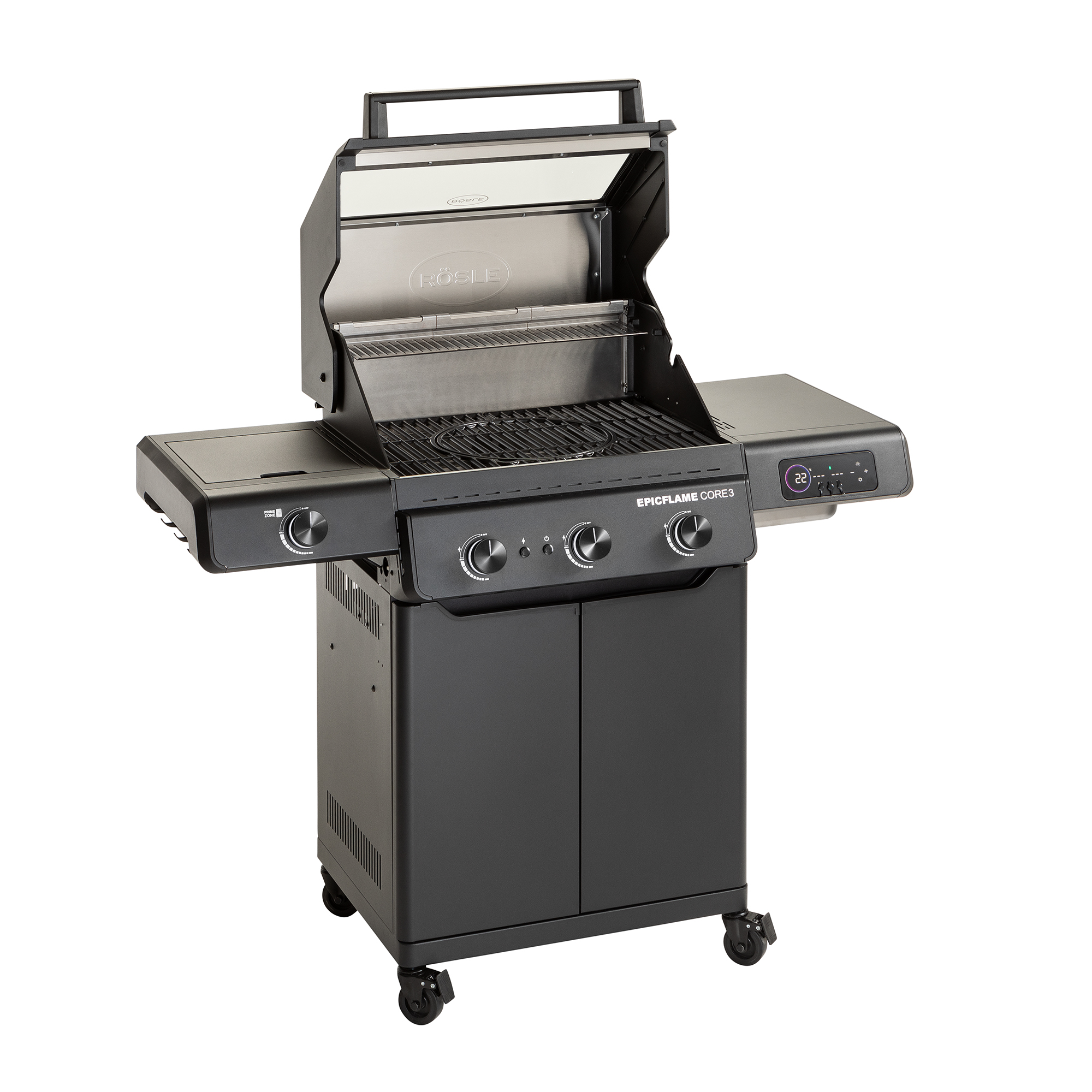 RÖSLE EPICFLAME Core 3 Gasgrill EPICFLAME Core 3 Gasgrill in Schwarz mit zwei Seitentischen und Bedienelementen.
