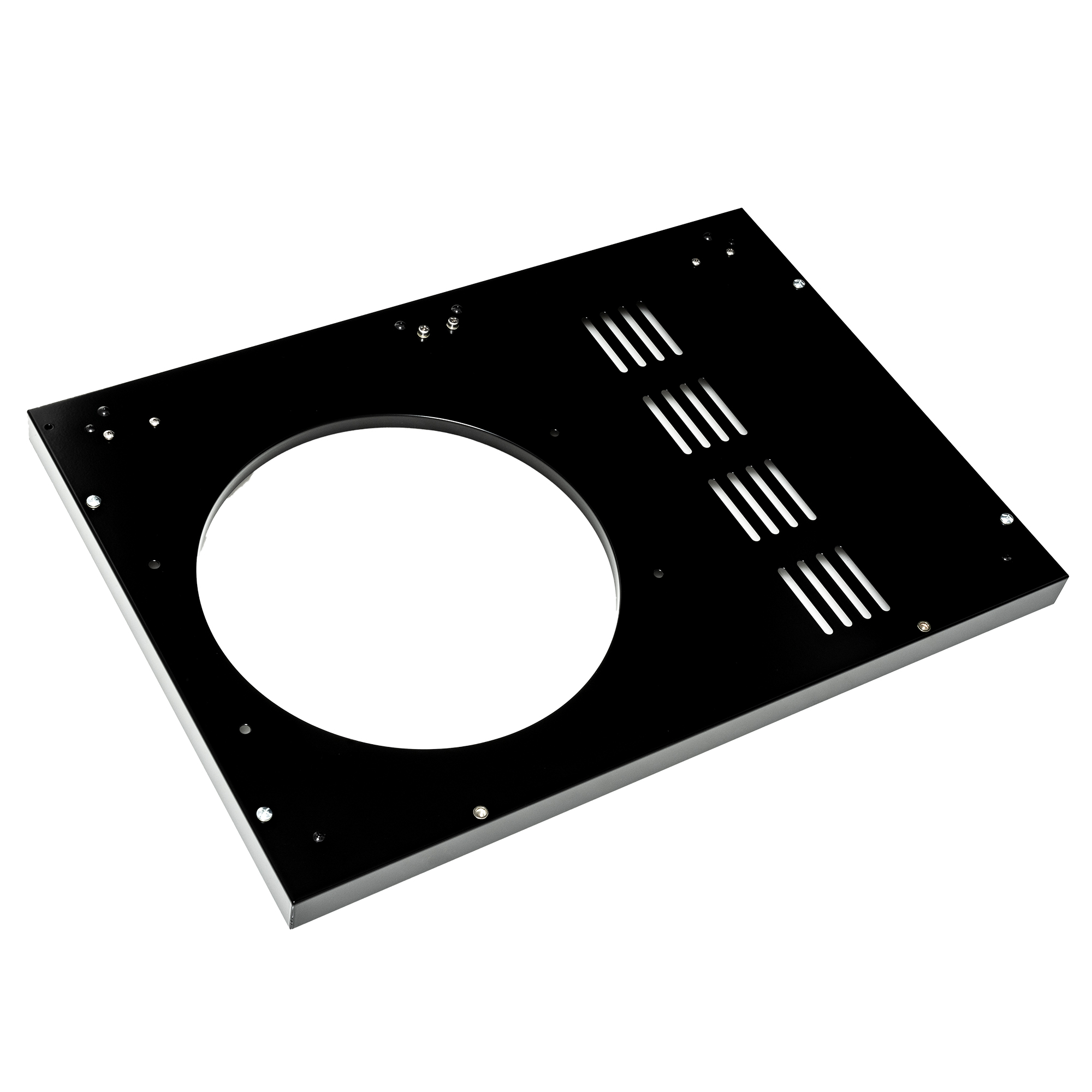 RÖSLE Unterschrank-Boden Unterschrank-Boden, rechteckige schwarze Metallplatte mit runder Aussparung und Belüftungsschlitzen.