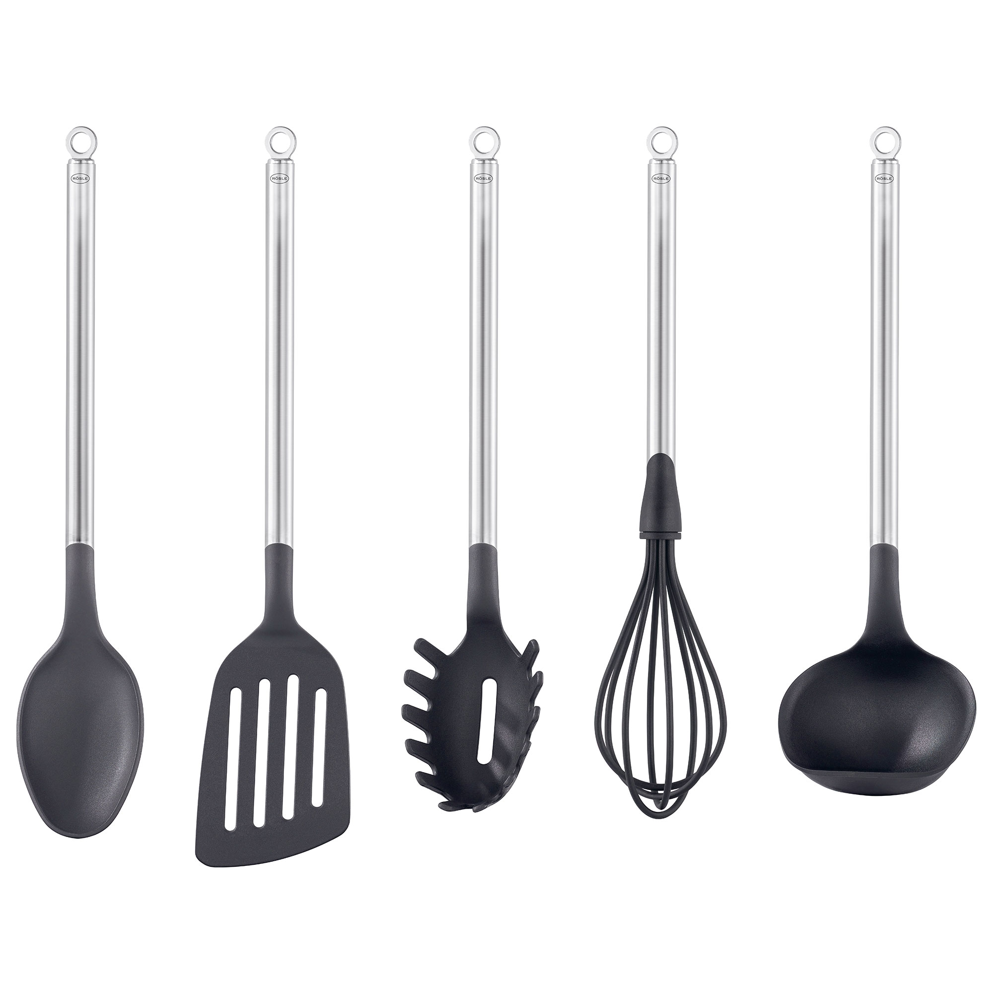 RÖSLE Küchenwerkzeug-Set Küchenwerkzeug-Set mit fünf schwarzen Utensilien: Schaufel, Wender, Servierlöffel, Schneebesen...