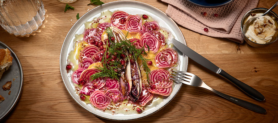 Recipes Beetroot carpaccio arranged on a plate