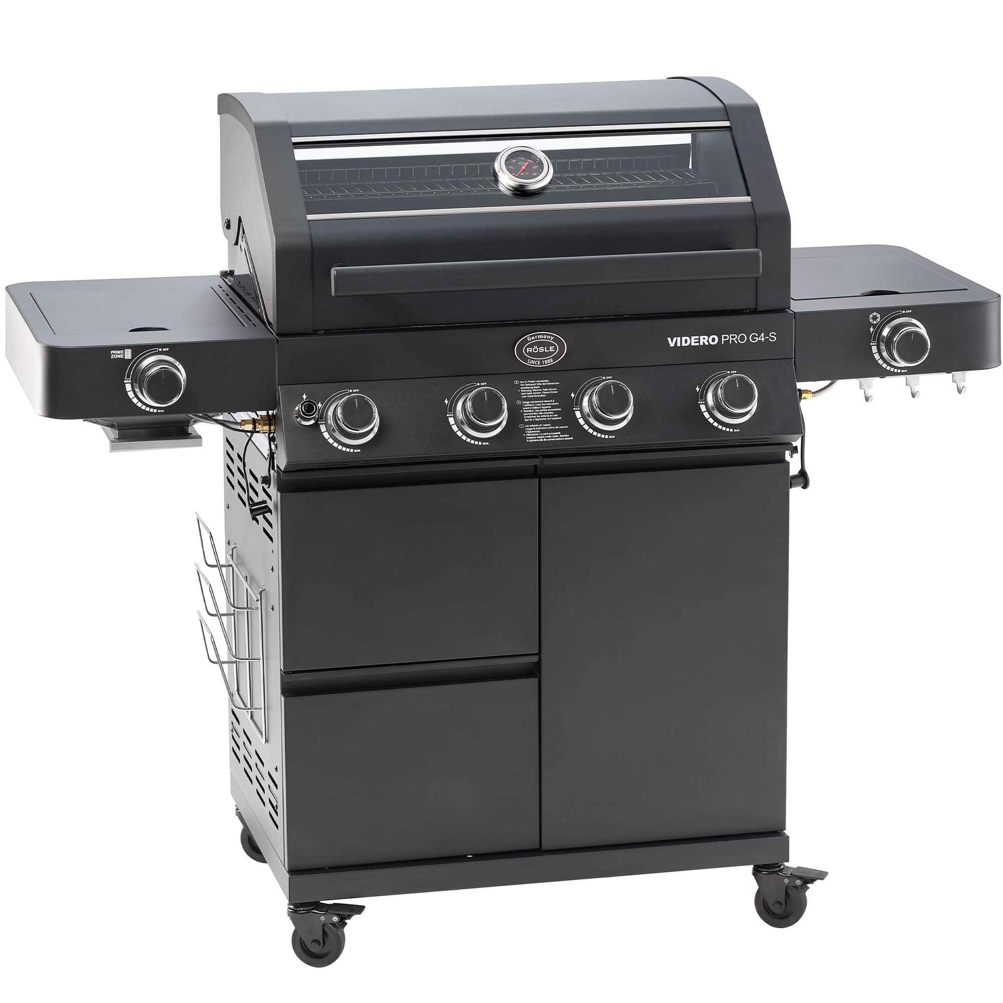 RÖSLE Gasgrill Videro Pro G4-S Gasgrill Videro Pro G4-S in Schwarz mit vier Brennern und seitlichen Ablageflächen.