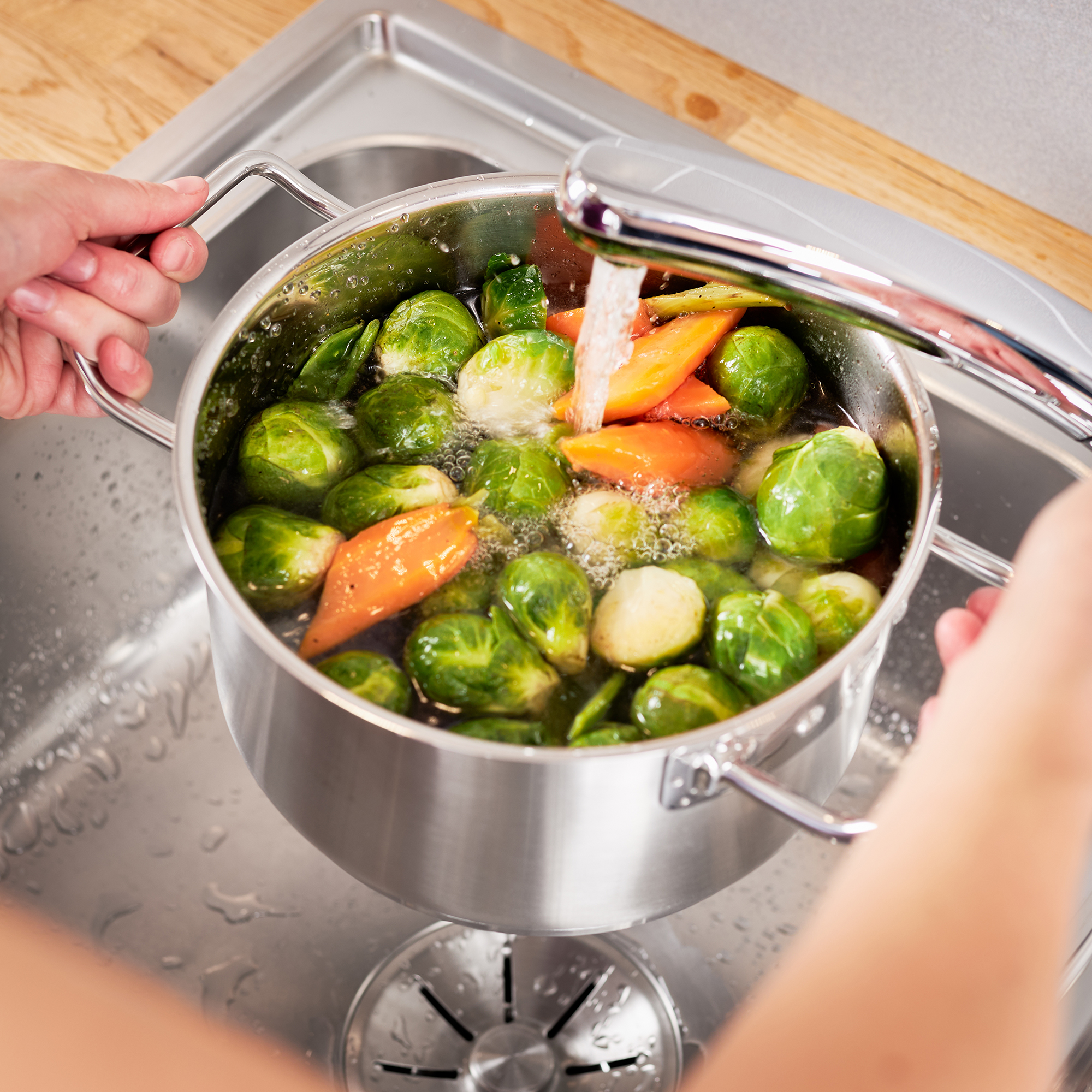 RÖSLE Gemüsetopf mit Gemüse Gemüsetopf aus Edelstahl mit Gemüse, darunter Rosenkohl und Karotten, im Waschbecken.