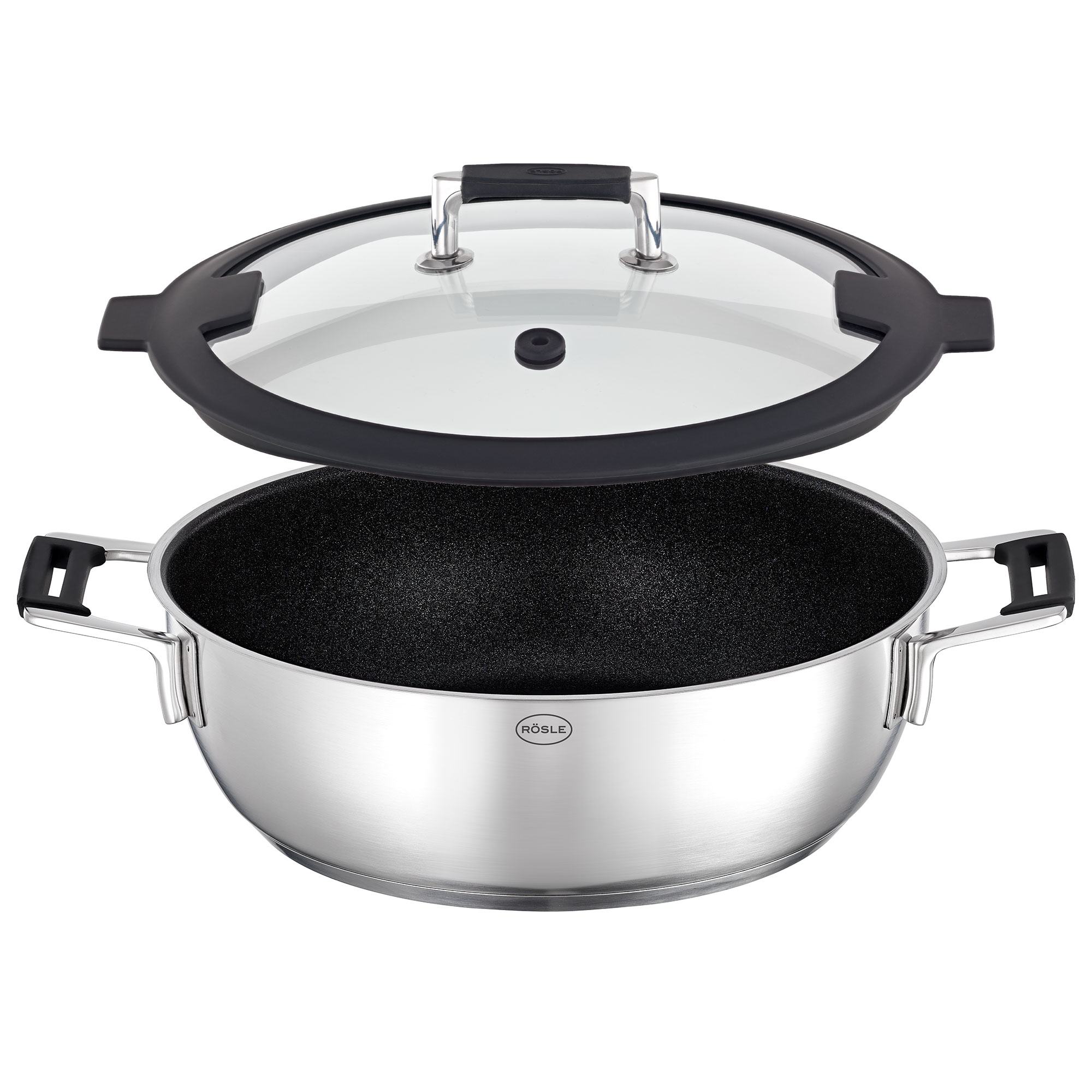 Servierpfanne Silence Pro aus Edelstahl mit Glasdeckel und Antihaftbeschichtung