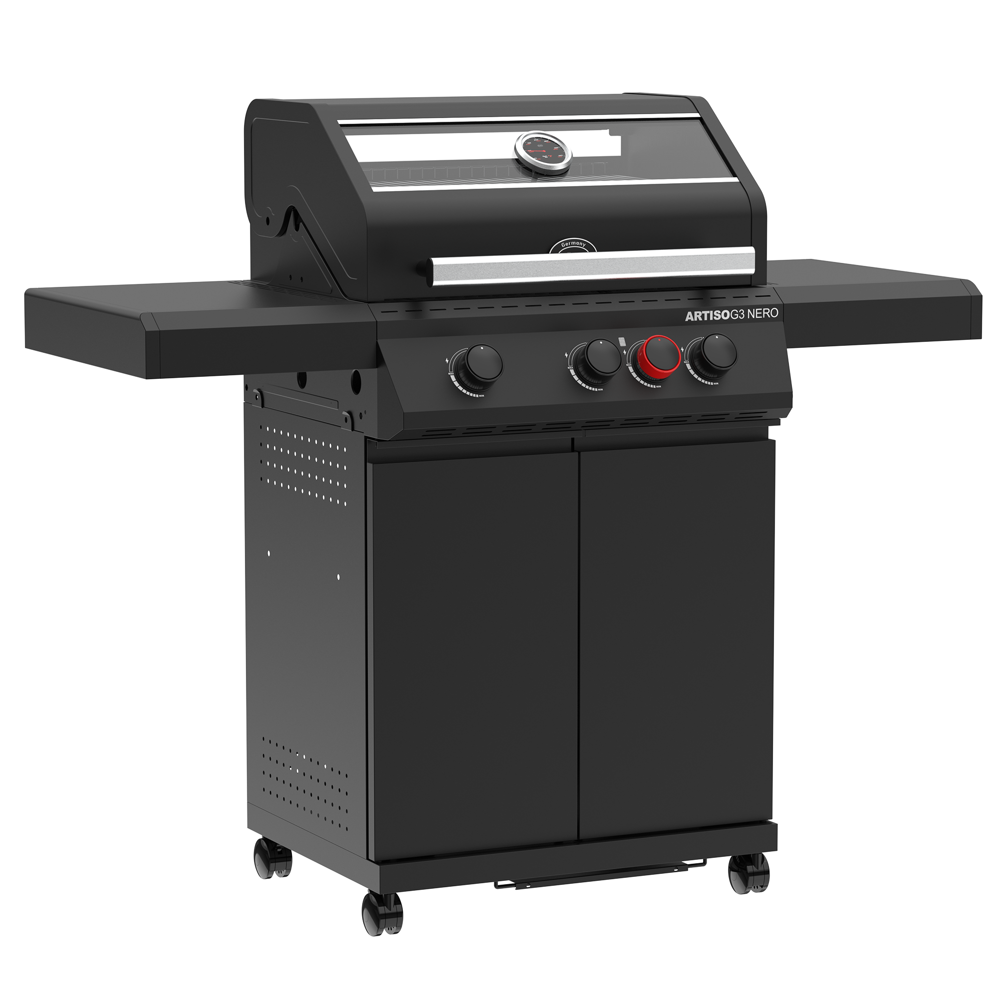RÖSLE Artiso G3 Nero Gasgrill Artiso G3 Nero Gasgrill mit zwei Seitentischen, schwarzem Gehäuse und drei Brennern.