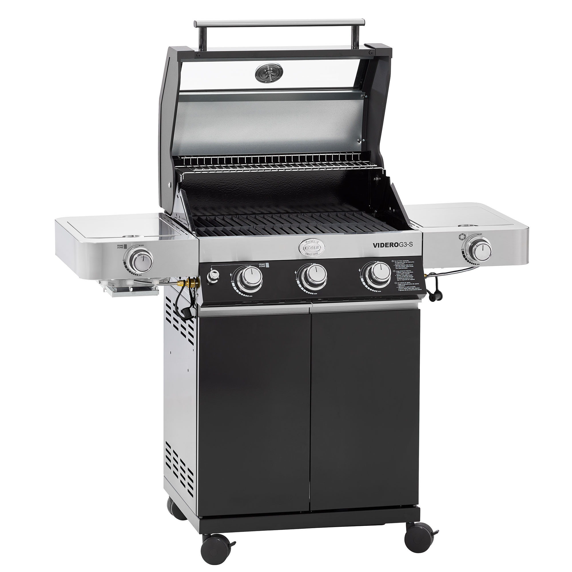 RÖSLE Gasgrill Videro G3-S Gasgrill Videro G3-S, schwarz, mit zwei Seitentischen, vier Brennern und offenem Deckel.