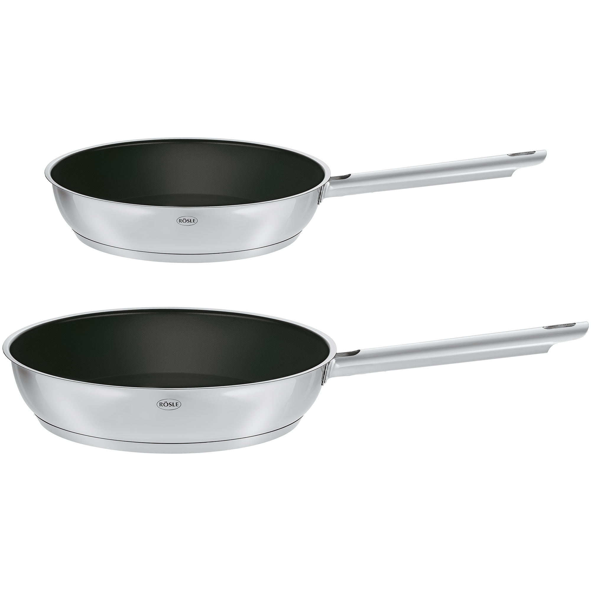 Pfannen-Set Elegance, zwei Edelstahlpfannen mit Antihaftbeschichtung, flache Form, silberne Farbe.