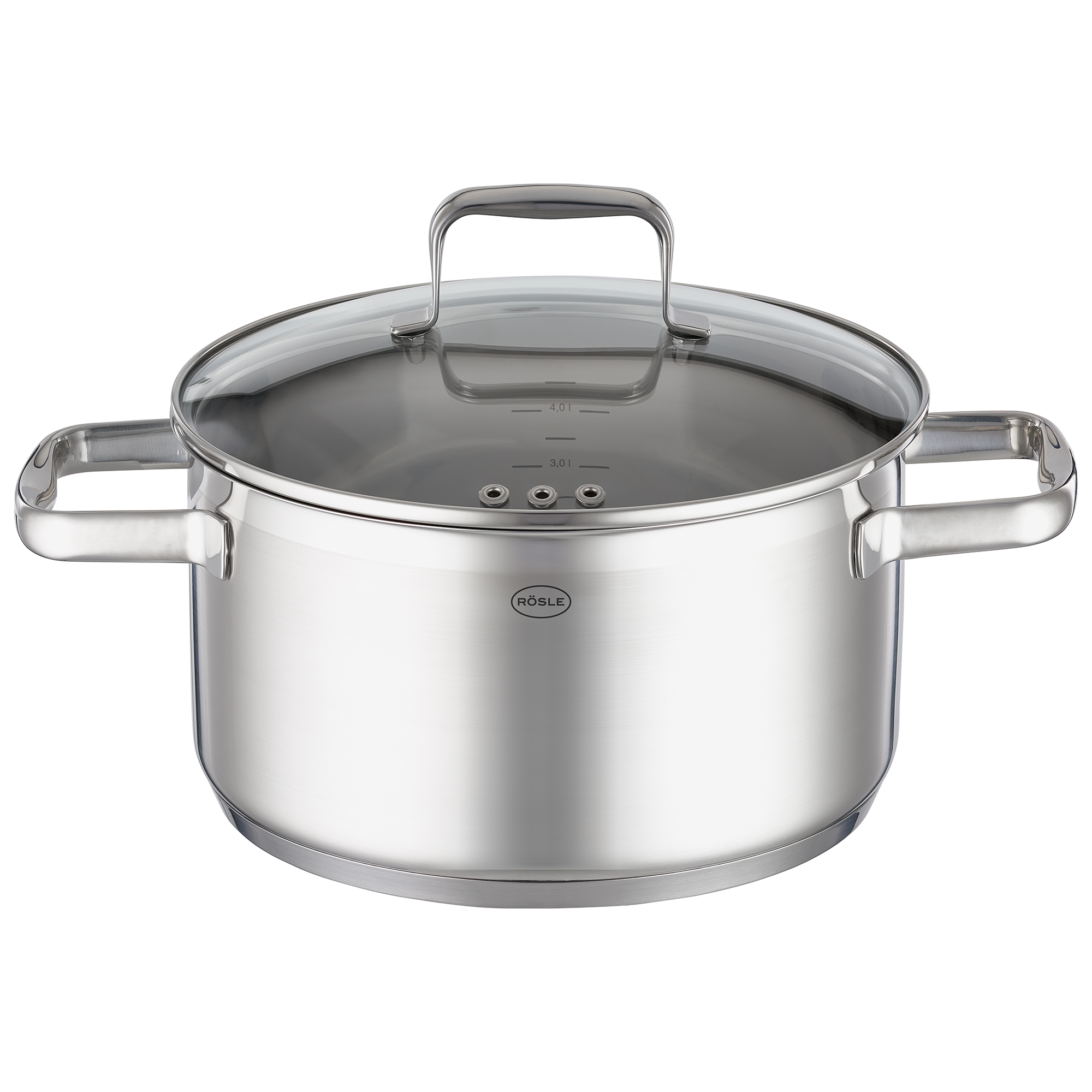 RÖSLE stainless steel saucepan with glass lid Stainless steel saucepan with glass lid, 24 cm diameter, two handles