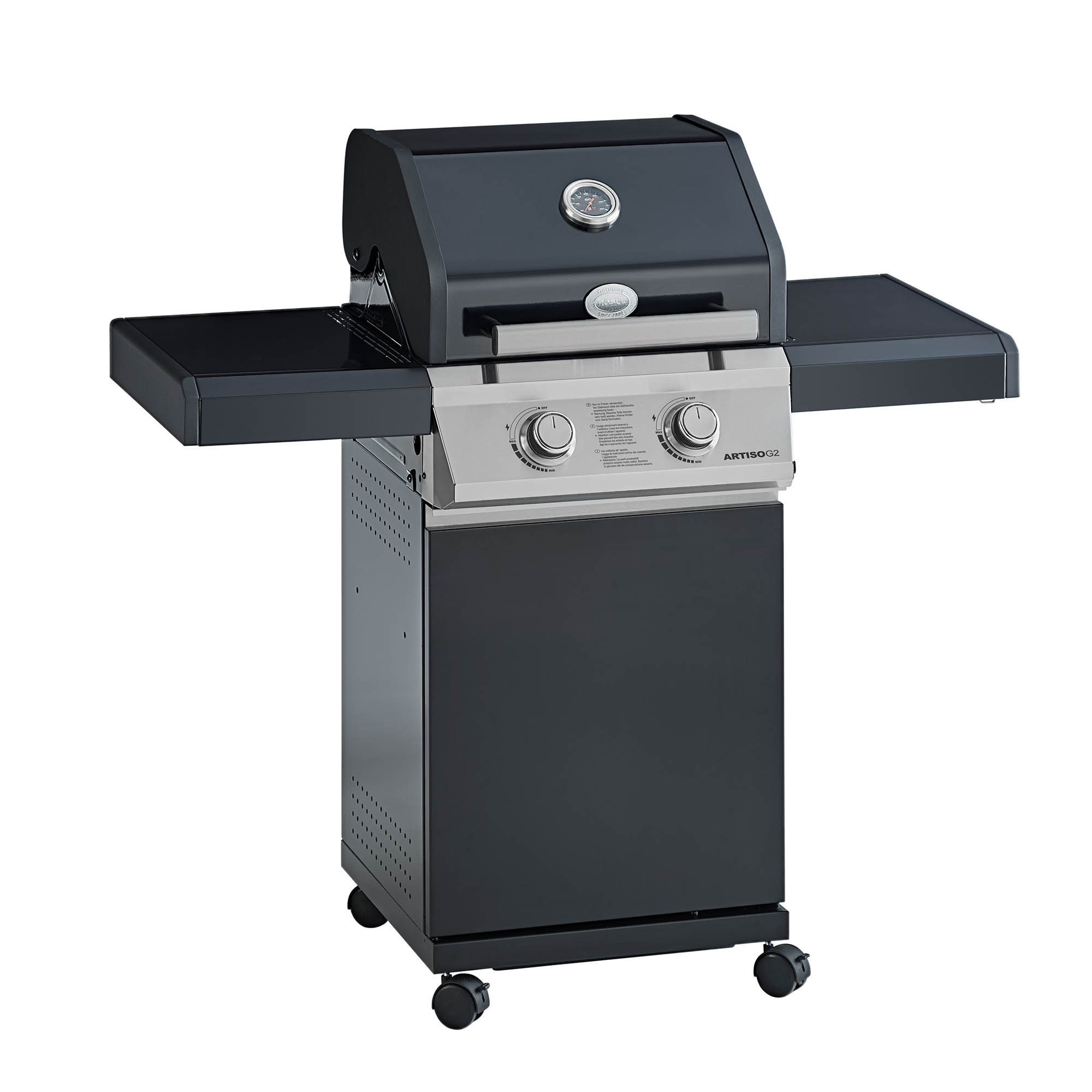 RÖSLE Gasgrill Artiso G2 Gasgrill BBQ Station Artiso G2 in Schwarz mit zwei Reglern und Temperaturanzeige.