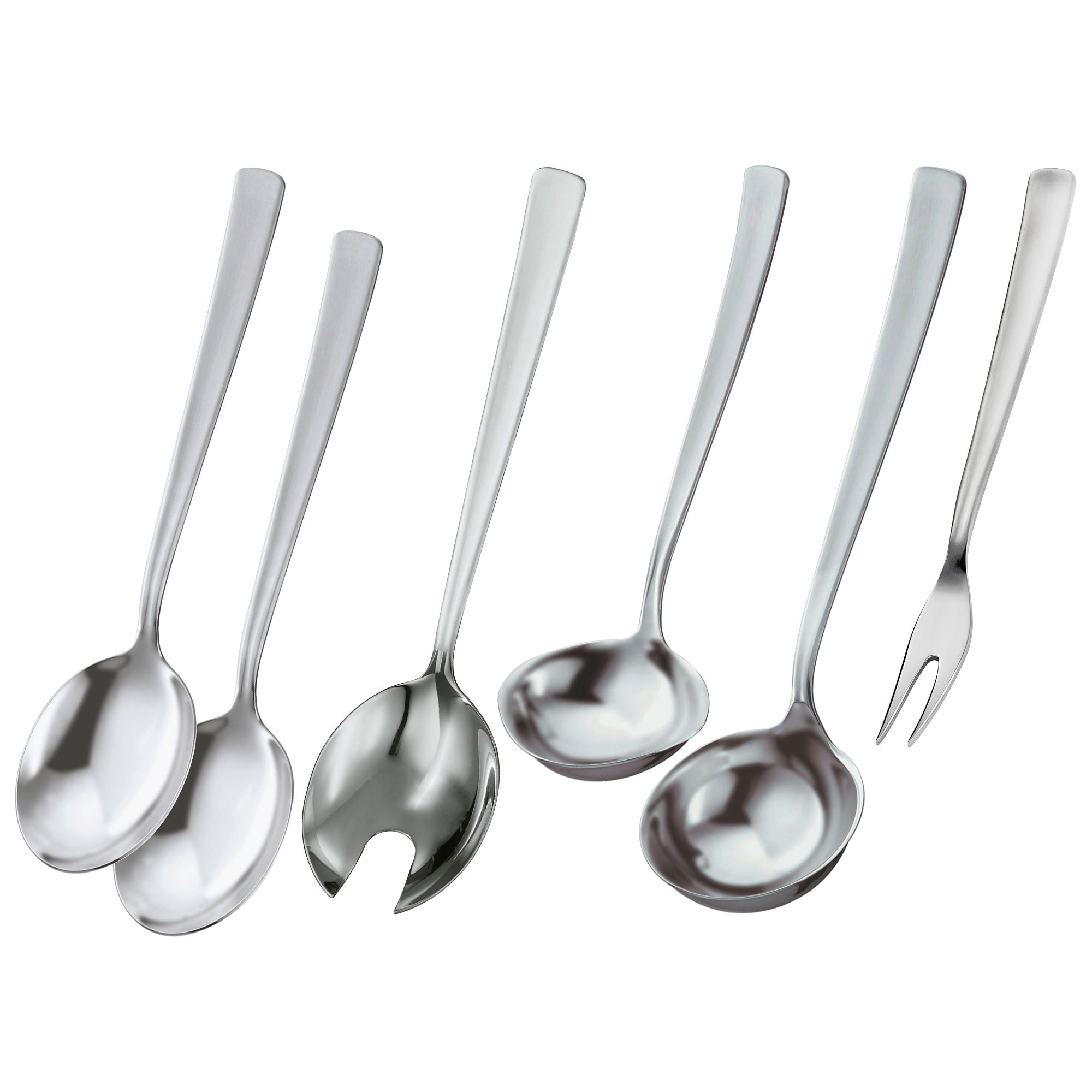 RÖSLE Vorlege-Set aus Edelstahl Vorlege-Set aus Edelstahl, bestehend aus sechs Besteckteilen, darunter Löffel und eine Serviergabel.