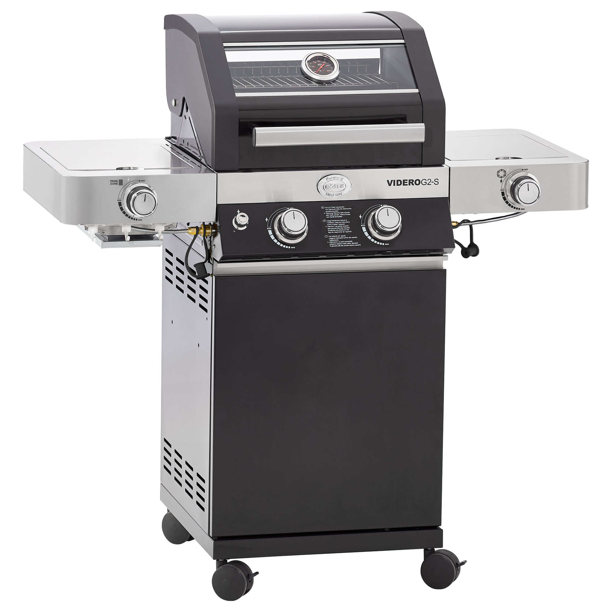 RÖSLE Gasgrill Videro G2-S schwarz Gasgrill Videro G2-S in Schwarz mit zwei Seitentischen, Temperaturanzeige und Bedienelementen.